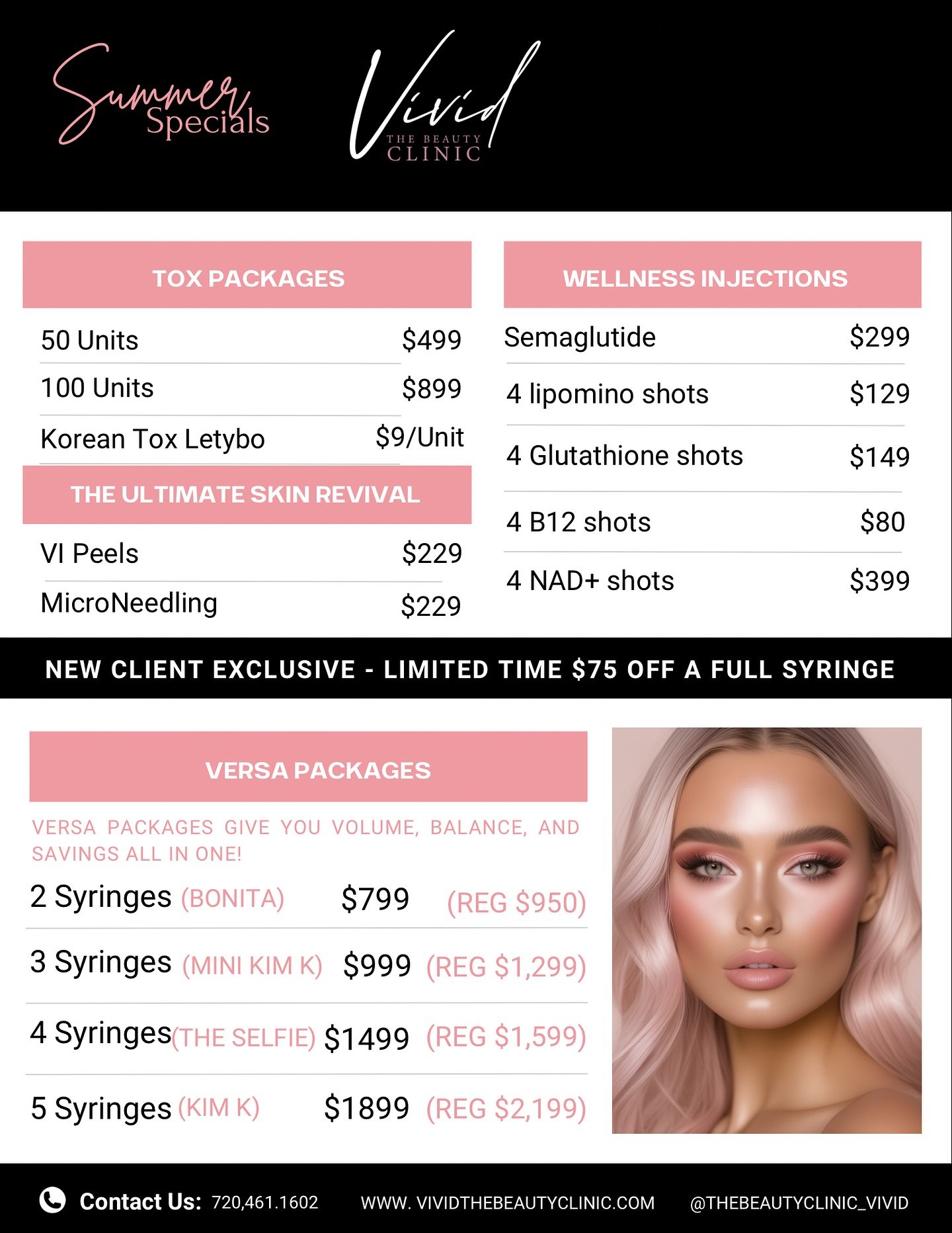 🔥 Hot Girl Summer Starts at Vivid! 🔥
Our Summer Specials have officially landed and they’re too good to miss 💉💕
✨ Smooth, snatch, sculpt & shine ✨
From glowing skin to full glam filler packages, we’ve bundled your fave treatments