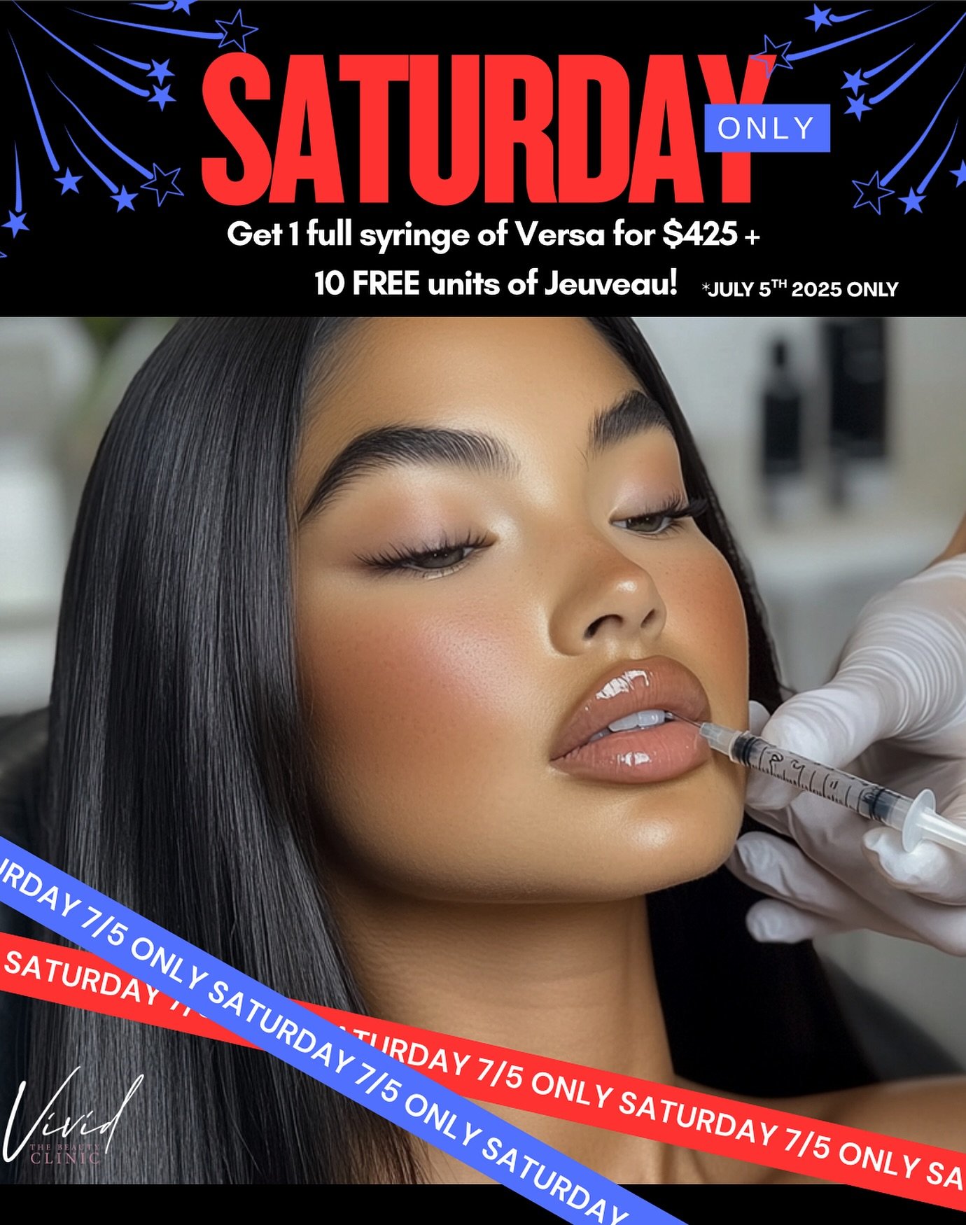 💥 This Saturday ONLY July 5th! 💥
Snag a full syringe of Versa for just $425 (reg. $499) and get 10 FREE units of Jeuveau (a $120 value)! That’s nearly $200 in savings one day only, don’t miss it! 💉🔥
Book your appointment now and take