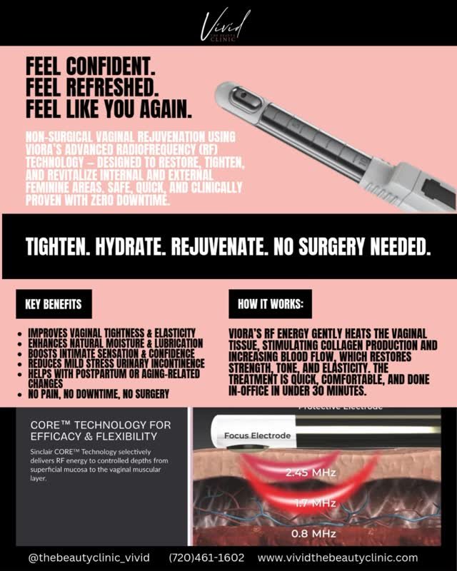 ✨ Feel confident, refreshed, and like YOU again ✨
Experience non-surgical intimate rejuvenation with Viora’s advanced radiofrequency technology — designed to tighten, hydrate, and restore your feminine wellness with no pain, no downtime,