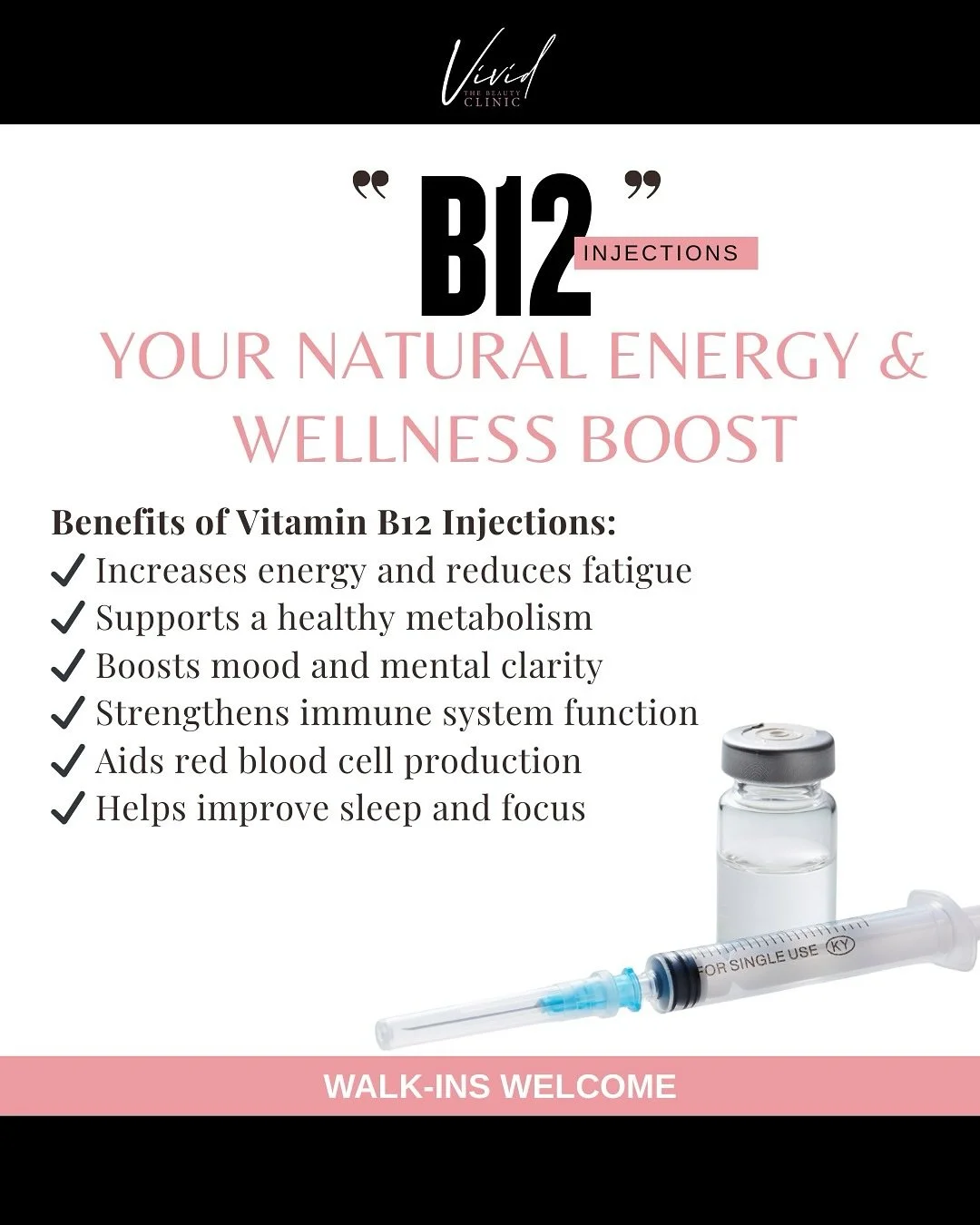 ✨ Boost from the Inside Out ✨
Tired? Hair thinning? Feeling foggy? We’ve got an injectable for that 💉
At Vivid Beauty Clinic, we offer:
✔️ B12 with Lipomino – energy + fat-burning blend
✔️ Regular B12 – mood, focus, metabolism
✔️ B