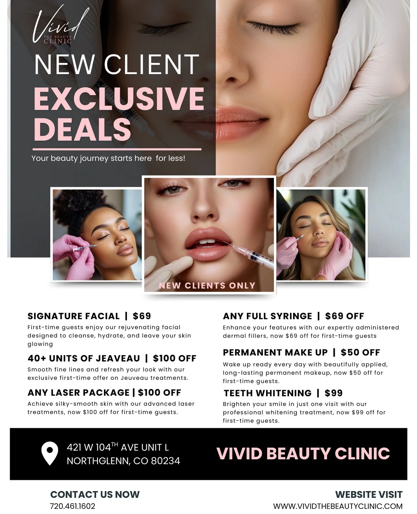 🔥 First-time here? Glow for less! 🔥
Exclusive deals on beauty treatments you’ll love facials, lasers, fillers, permanent makeup & more. New client perks start now! ✨
🔥 ¿Primera vez aquí? ¡Luce espectacular por menos!