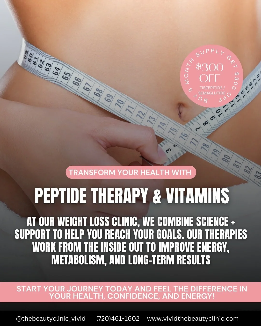 Take control of your health, energy, and confidence with our Peptide & Vitamin Therapy at Vivid Beauty Clinic.
✔ Semaglutide & Tirzepatide – Support appetite control, blood sugar balance, and weight loss
✔ Vitamin B12 – Boost met