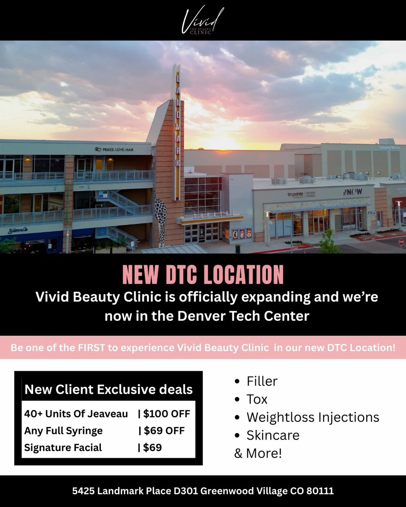 We&rsquo;re growing, DTC! 🚀💗
Vivid Beauty Clinic is NOW OPEN in the Denver Tech Center and we&rsquo;re celebrating with exclusive new-client deals you don&rsquo;t want to miss! From tox to filler to weight-loss injections your beauty routine just g