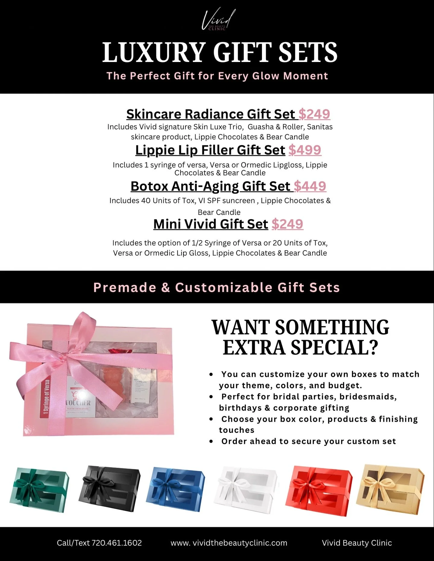 The gift they&rsquo;ll never forget *t
Luxury beauty gift sets starting at $249
Premade or custom &bull; Perfect for holidays, birthdays &amp; self-love Call or text to order 

✨ Your glow starts here ✨

Now serving you at Vivid Beauty Clinic with ex