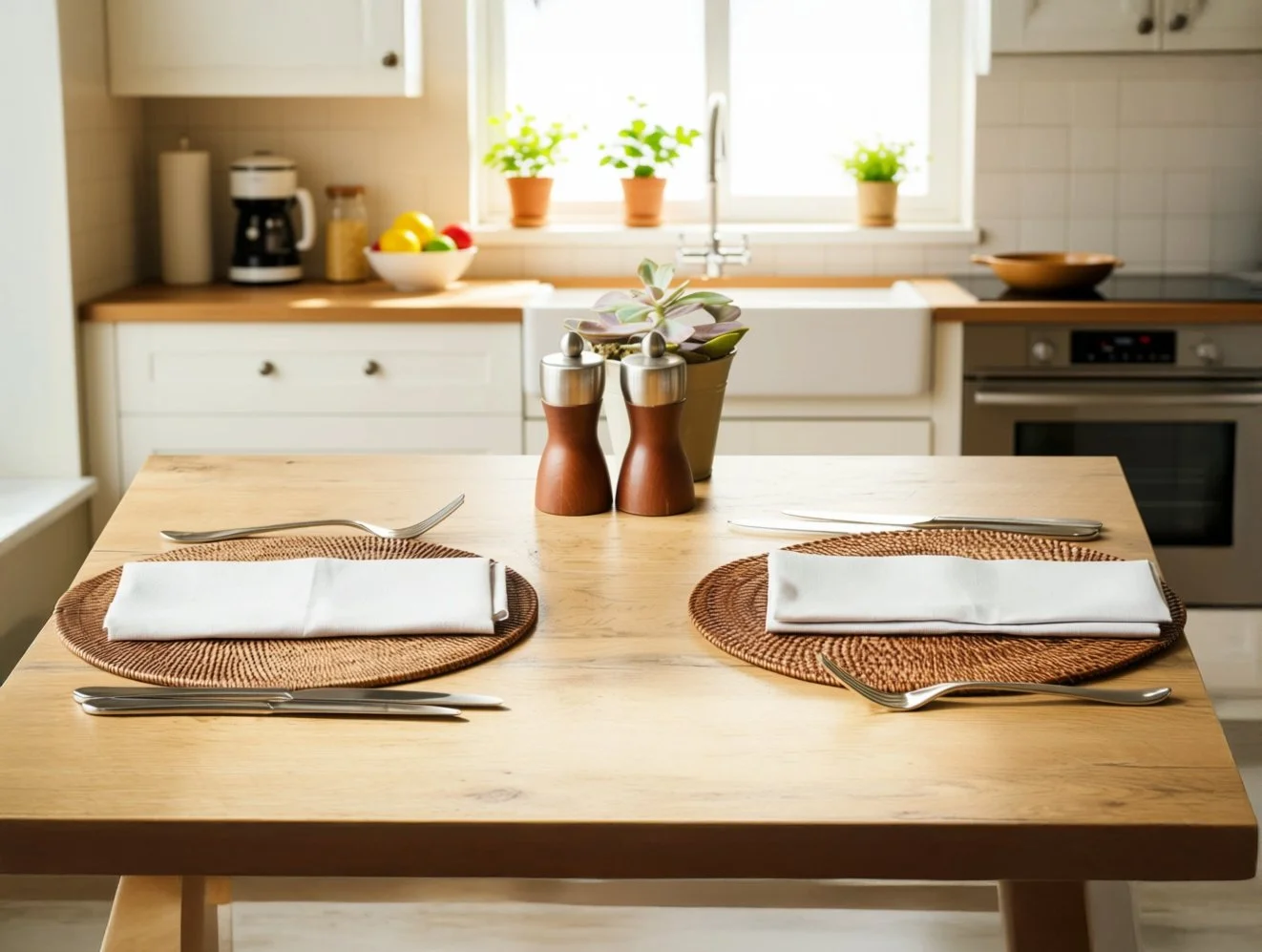 A dining table set for two in a warm kitchen, symbolizing readiness for shared life, companionship, and belonging.
