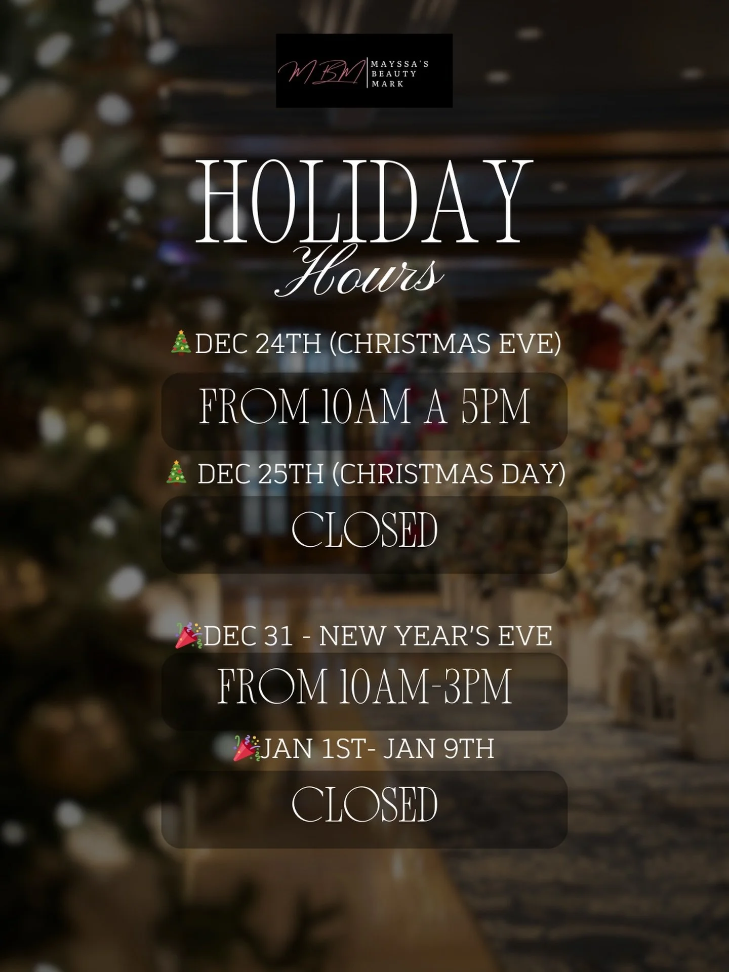 🎄 Holiday Hours 🎄
Wishing everyone a beautiful christmas! 

Please note our adjusted hours during the holidays.
Thank you for your continued love and support 💕

📞 Call or DM us with any questions! 908-709-2030