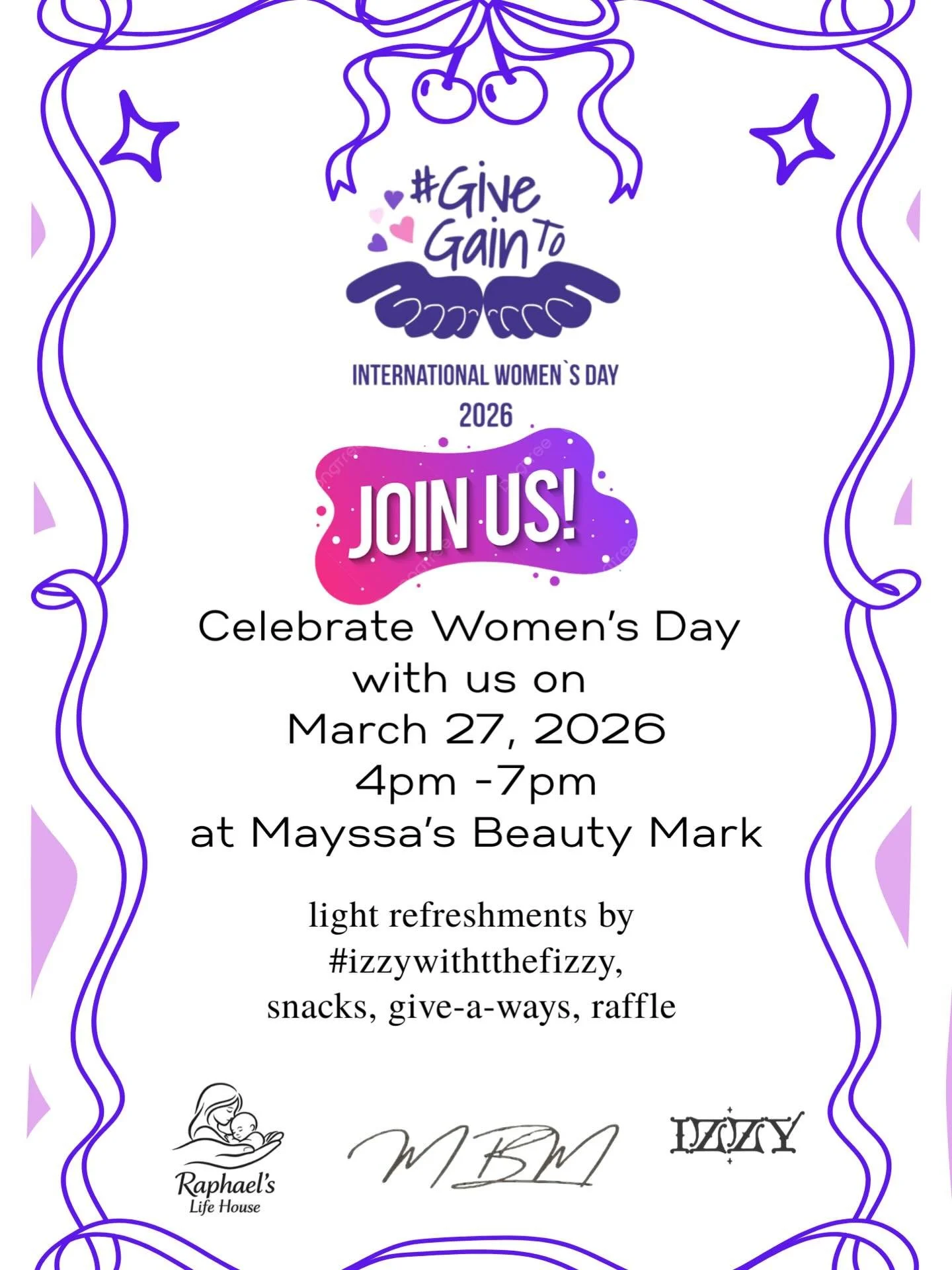 🎆Celebrate Women&rsquo;s
Day💕 

📆 March 27, 2026
⏱️ 4pm-7pm
📍 500 Washington Ave. Kenilworth, NJ 07033

We invite you to participate in a meaningful fundraiser benefiting Rafael&rsquo;s Life House Inc

We are raffling the following prizes:

3 Cur