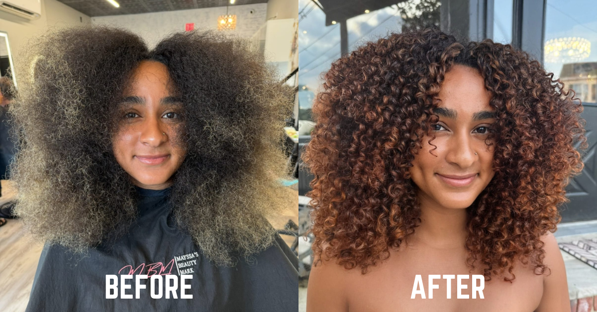 Before and after curly cut and coloring