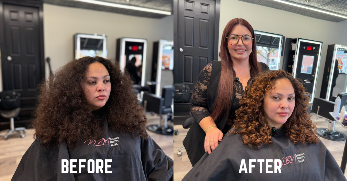 Before and after curly hair treatment and coloring