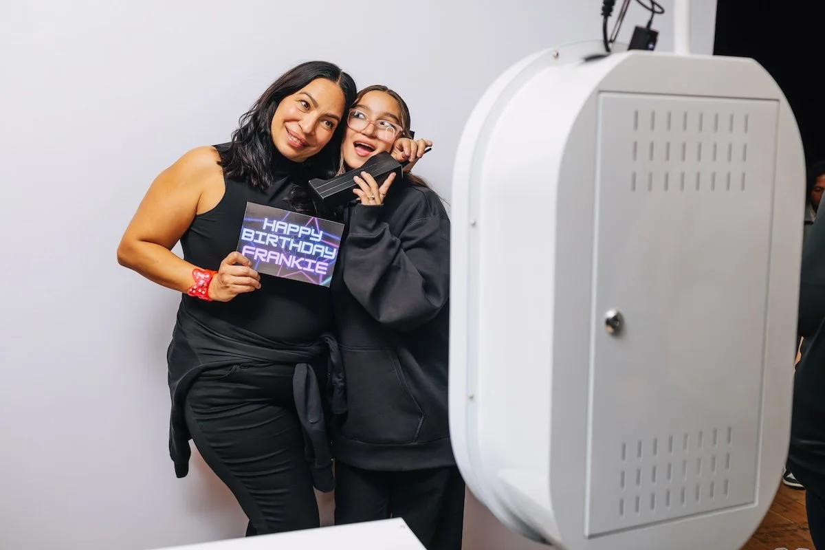 Loriann Serna Wife of the Party and daughter Frankie at luxury neon gaming party for 13th birthday