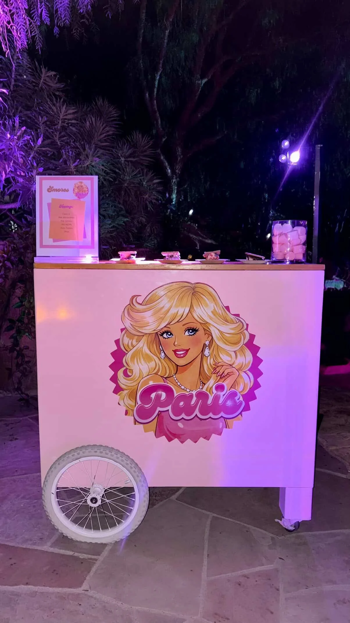 A custom s’mores cart featured at Paris Hilton’s Barbie-themed birthday party, produced by Loriann Serna of The Wife of the Party.