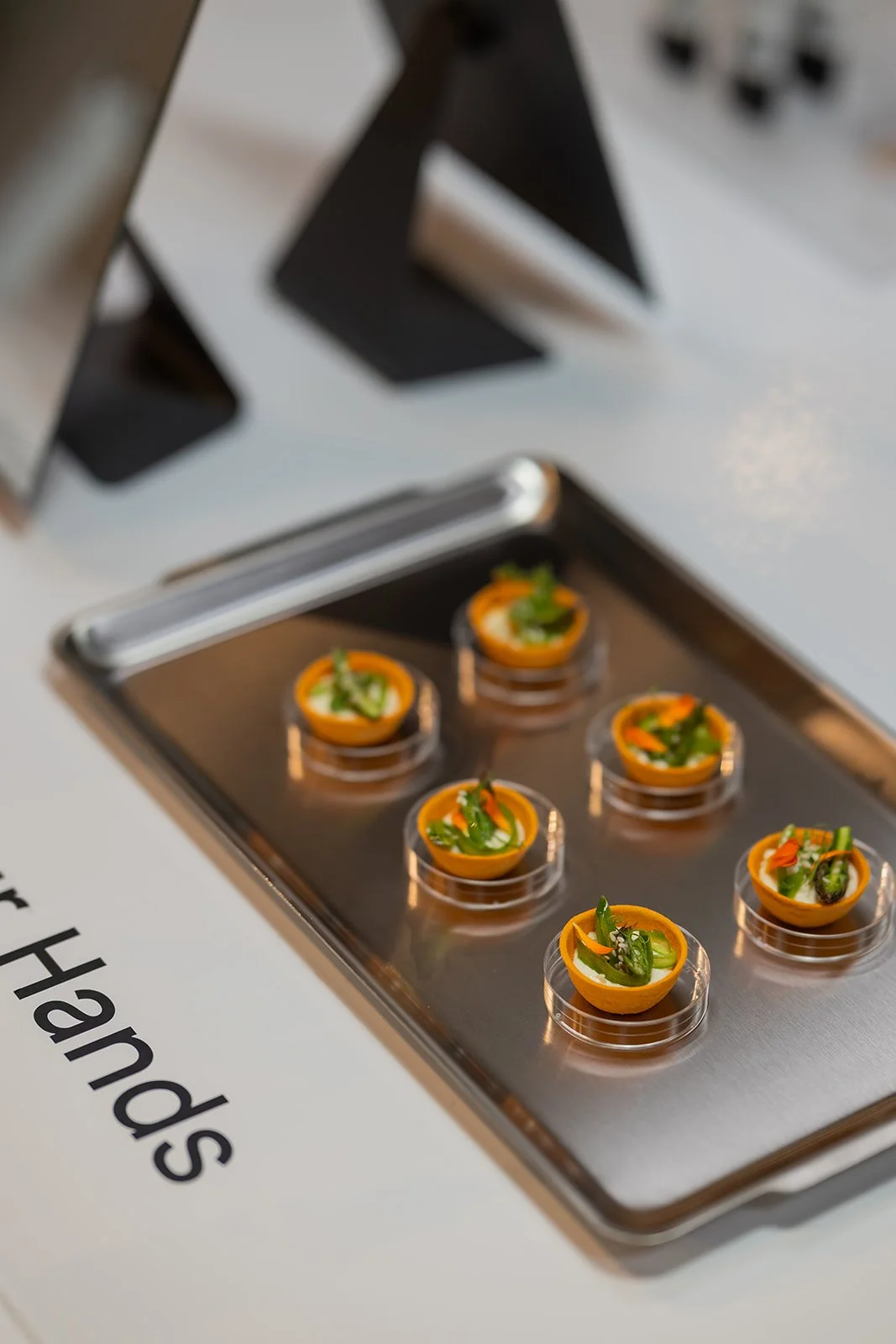 Modern passed hors d’oeuvres on tray at OneSkin influencer event with elevated catering presentation