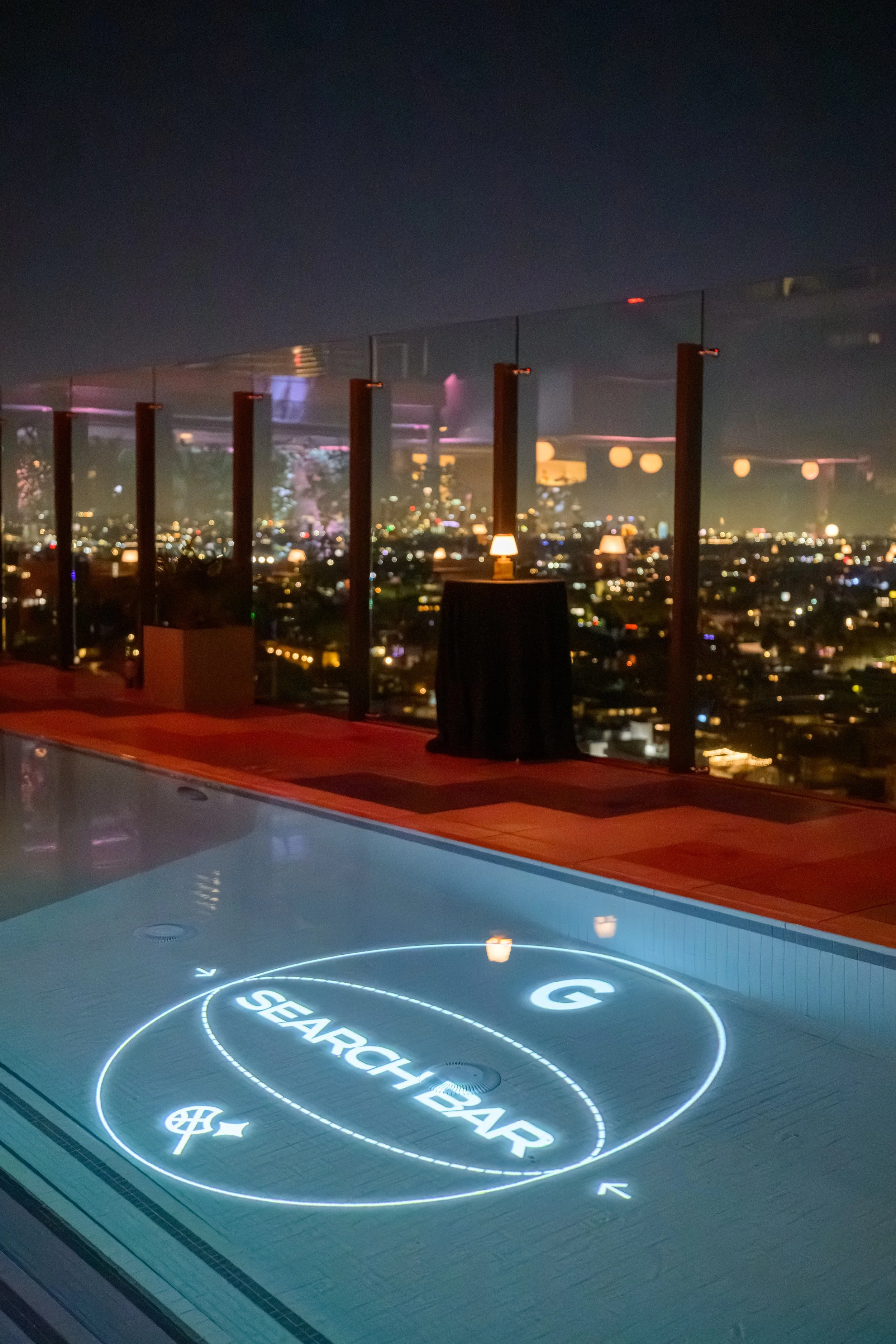 Luxury rooftop pool projection for Google Search during NBA All-Star Weekend in Los Angeles, designed and produced by Loriann Serna and The Wife of the Party.