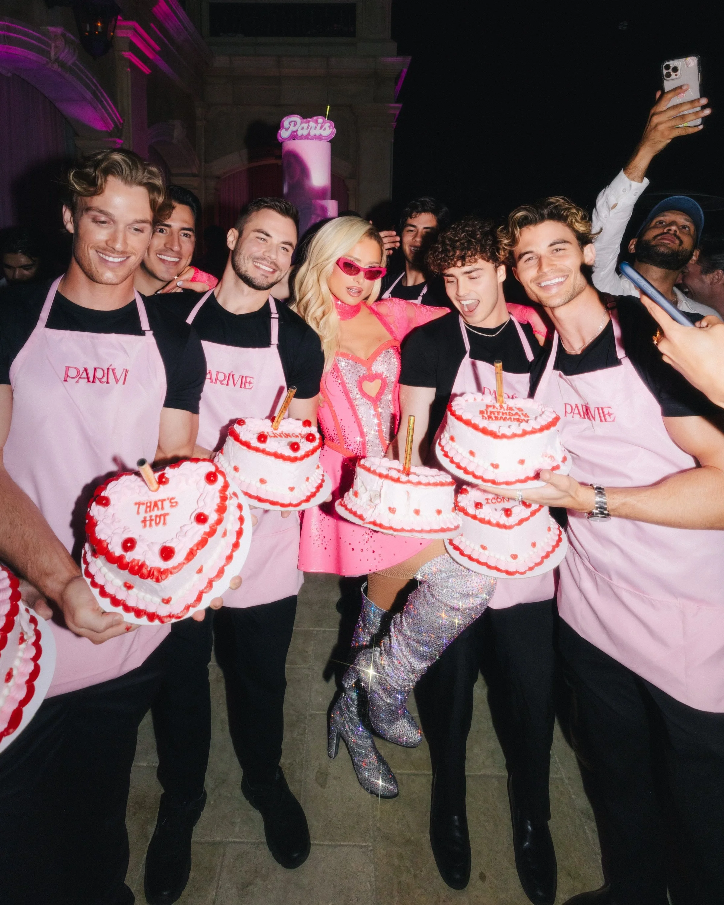 Custom cake presentation and branded Parivie aprons designed for Paris Hilton’s birthday party by Loriann Serna of The Wife of the Party.
