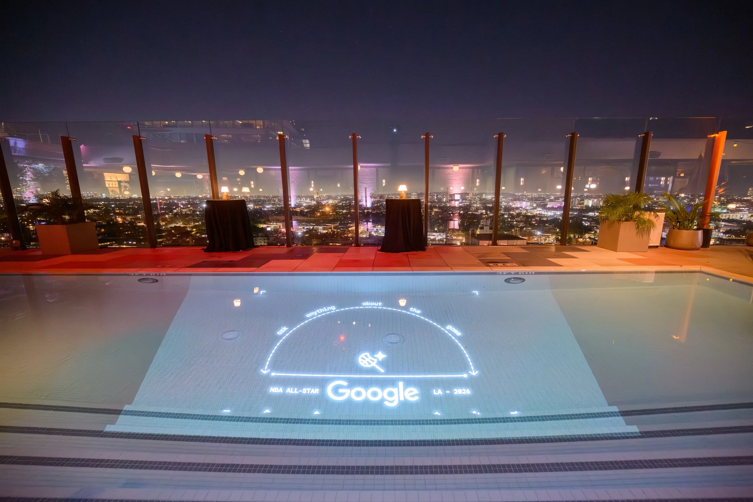 Luxury rooftop pool projection for Google Search during NBA All-Star Weekend in Los Angeles, designed and produced by Loriann Serna and The Wife of the Party.