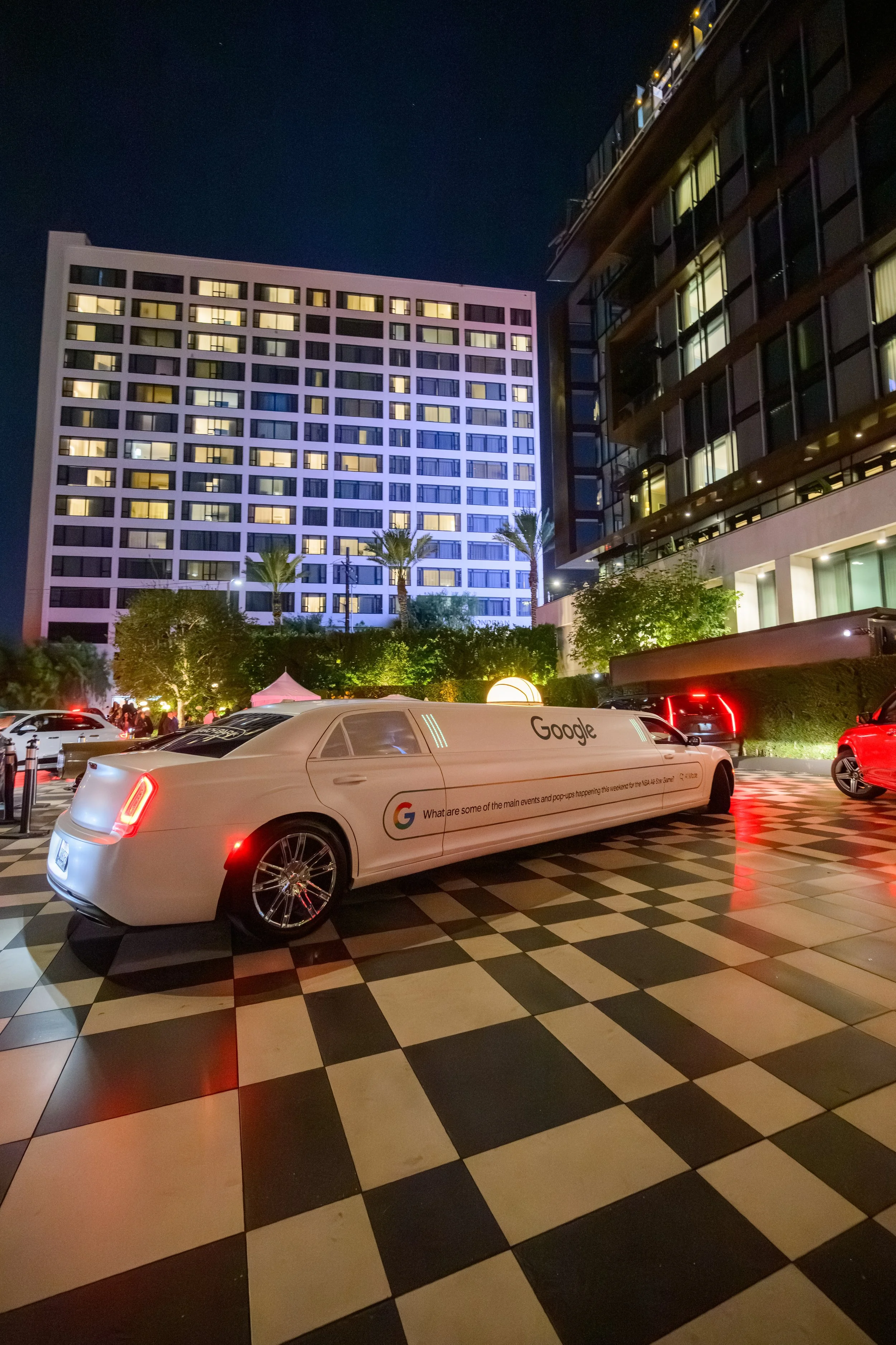 Branded Google Search vehicle display welcoming guests to Stephen Curry’s Unanimous rooftop event produced by Loriann Serna and The Wife of the Party.