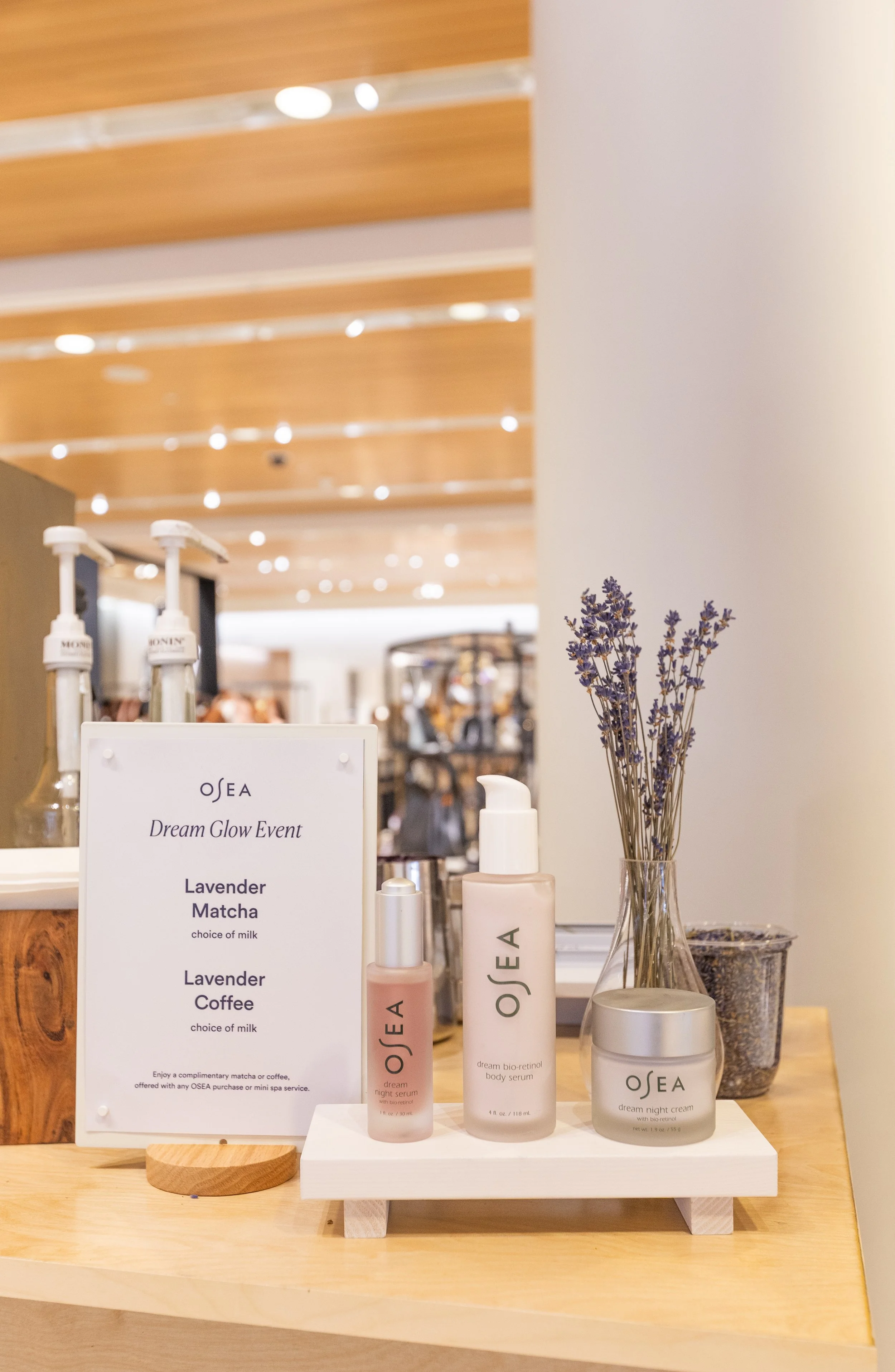 OSEA lavender skincare display installation at Nordstrom La Jolla featuring experiential event styling and production by Loriann Serna of The Wife of the Party.