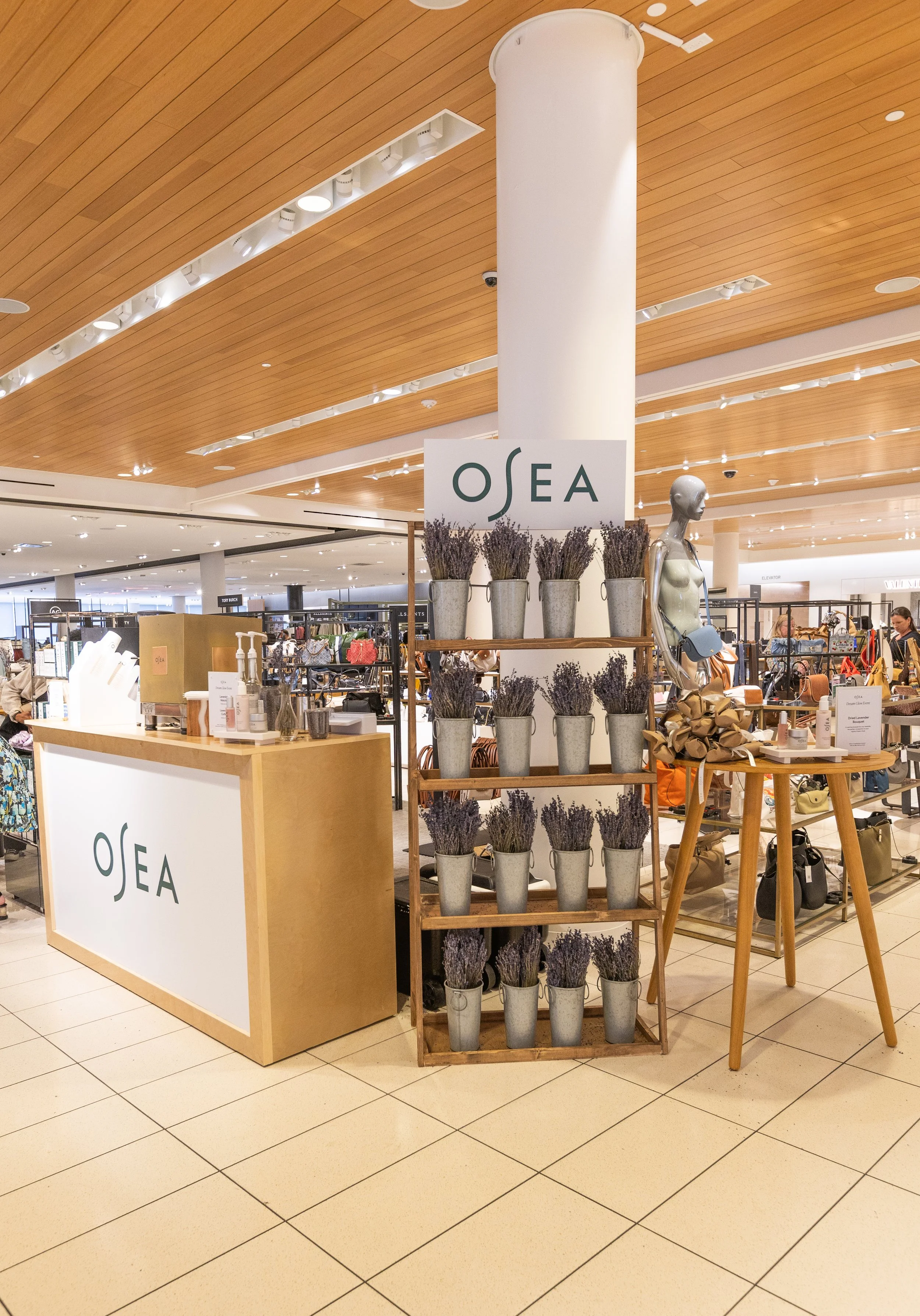 Custom OSEA retail activation and lavender installation inside Nordstrom La Jolla produced by Loriann Serna of The Wife of the Party.