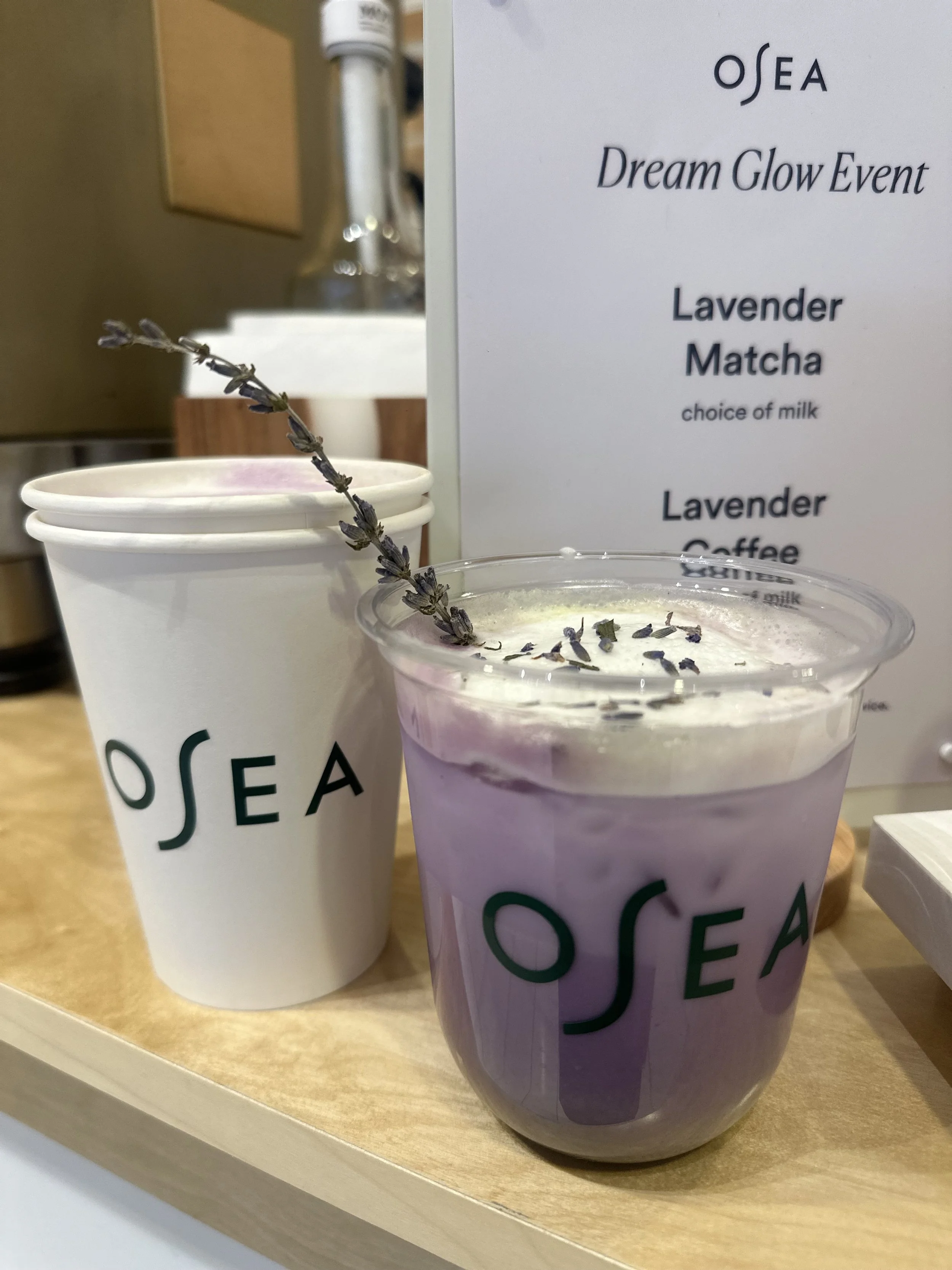 Lavender matcha and lavender coffee beverages served at the OSEA Dream Glow activation produced by Loriann Serna of The Wife of the Party.