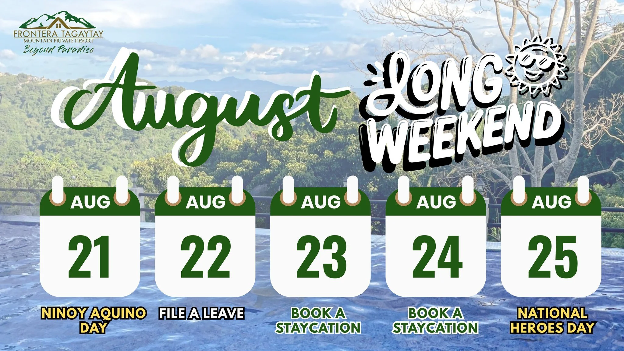 Make the most of the long weekend this August at Frontera Tagaytay!
Breathe in the cool breeze, soak in the views, and enjoy a peaceful escape just a drive away. 🚗⛰️

📅 August 21&ndash;25 slots are now open!
Check our availability calendar below an
