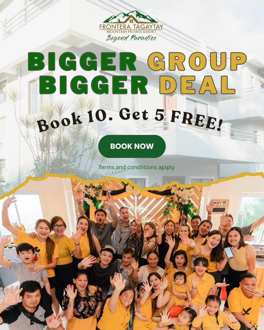 𝐁𝐨𝐨𝐤 𝐟𝐨𝐫 𝟏𝟎, 𝐛𝐫𝐢𝐧𝐠 𝟓 𝐞𝐱𝐭𝐫𝐚 𝐩𝐚𝐱 𝐟𝐨𝐫  𝐅 𝐑 𝐄 𝐄 ✨🌿

Book directly for 10 guests and bring 5 more without additional cost!
No extra fees, just more room to celebrate with your group. 

Reserve your stay now! Limited-time off