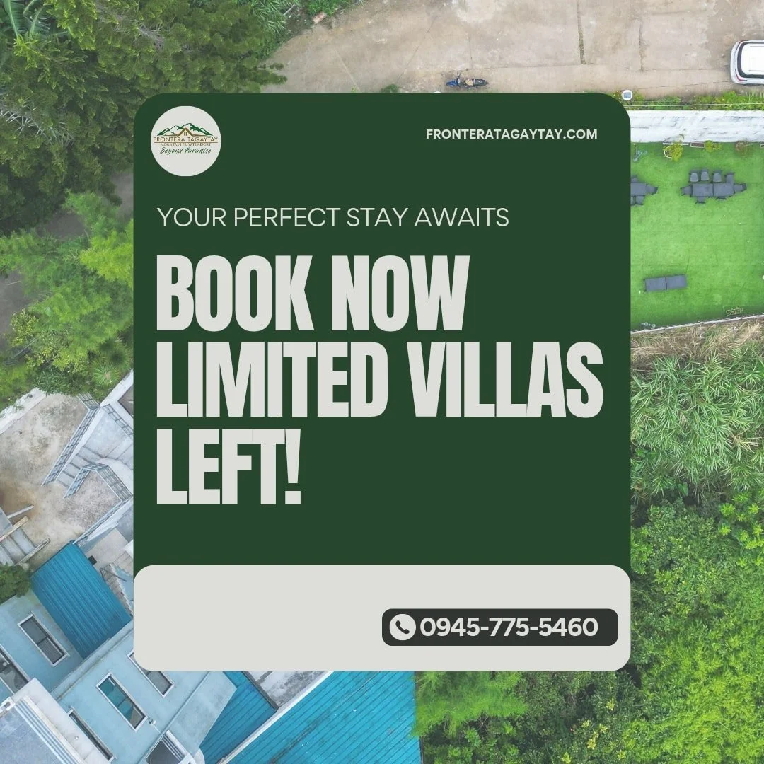 Holidays are filling fast! 🎅❄️ Treat yourself to a perfect December getaway&mdash;call today to secure your spot. Limited availability only!

🌐 www.fronteratagaytay.com
📞 0945 775 5460
📍 No. 1 Frontera Drive, Calamba Rd. Brgy. San Jose, Tagaytay 