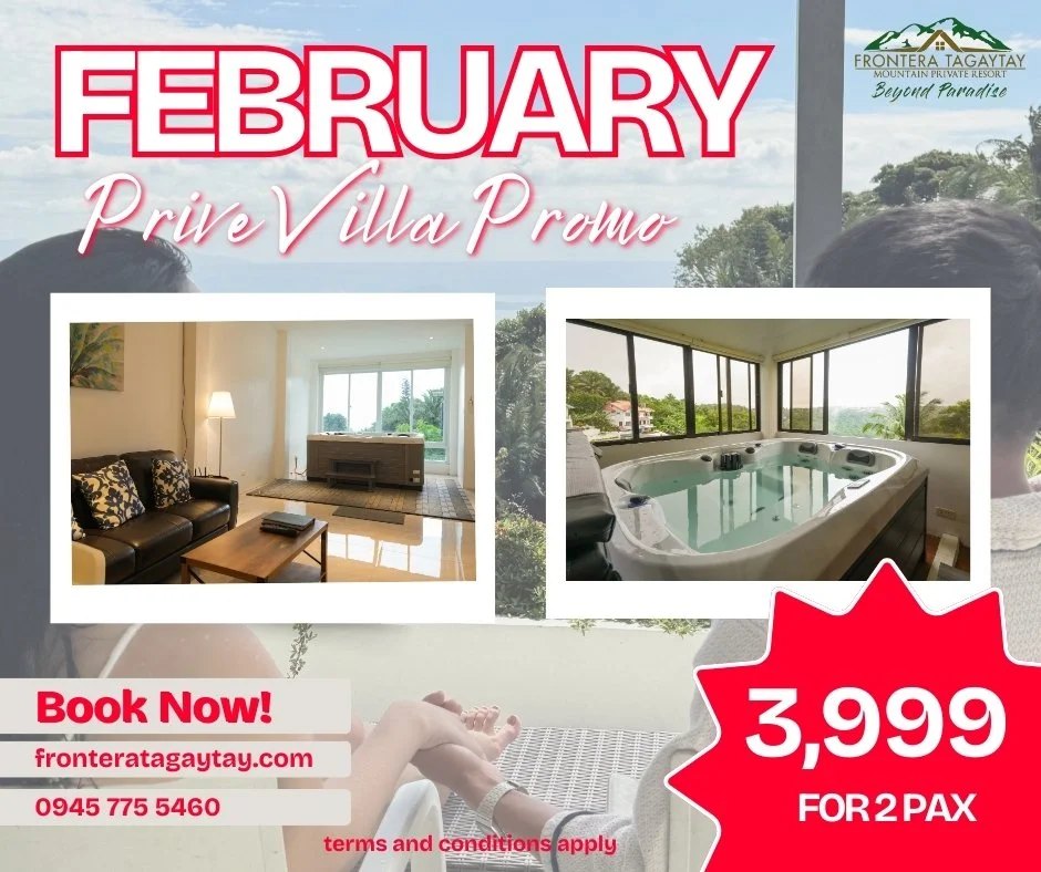 Love month calls for a villa escape 💘

Enjoy a romantic escape at Prive Elite Villa or Prive Luxe Villa. 
✅ 𝐏𝐇𝐏 𝟑,𝟗𝟗𝟗 for 2 guests✨ | Additional 1,250/extra pax 
✅ Valid for February stay dates only

Book your staycation now! 
📞 0945 775 546