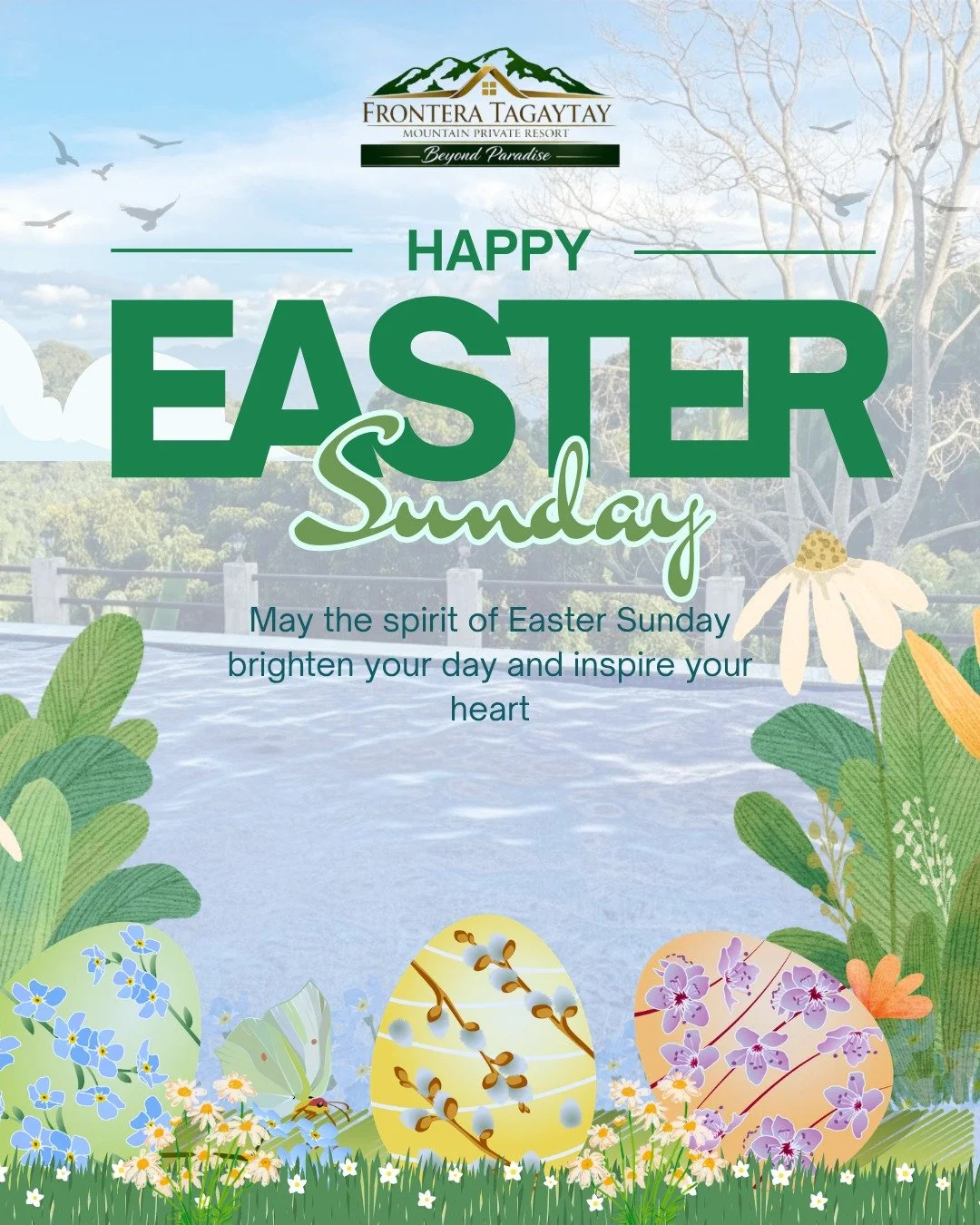 🌸 Happy Easter Sunday! ✨
Celebrate this day of hope, renewal, and joy with a memorable getaway.

 Make it special&mdash;book your Easter staycation now!
📧 fronteratagaytay@gmail.com
📞 0945 775 5460
📍 No. 1 Frontera Drive, Calamba Rd. Brgy. San Jo