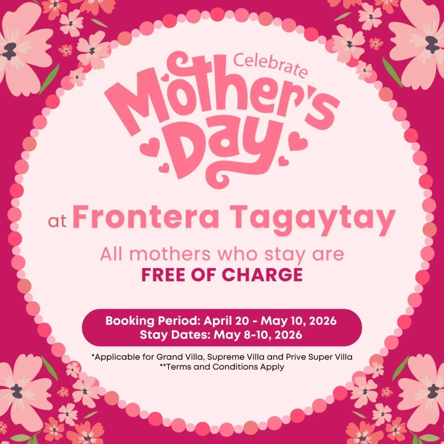 Celebrate Mom with a relaxing getaway at Frontera Tagaytay! 🌸
All moms stay FREE this Mother&rsquo;s Day weekend (May 8&ndash;10, 2026).

Make it a memorable escape for the whole family and treat Mom to the break she deserves. 💕

 Send us a message