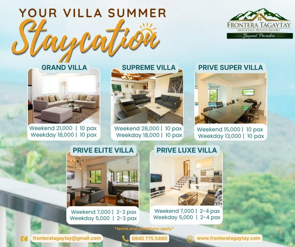Welcome the new month with a relaxing villa staycation at Frontera Tagaytay. Unwind, enjoy the cool breeze, and make beautiful May memories with us.
📧 fronteratagaytay@gmail.com
📞 0945 775 5460
📍 No. 1 Frontera Drive, Calamba Rd. Brgy. San Jose, T