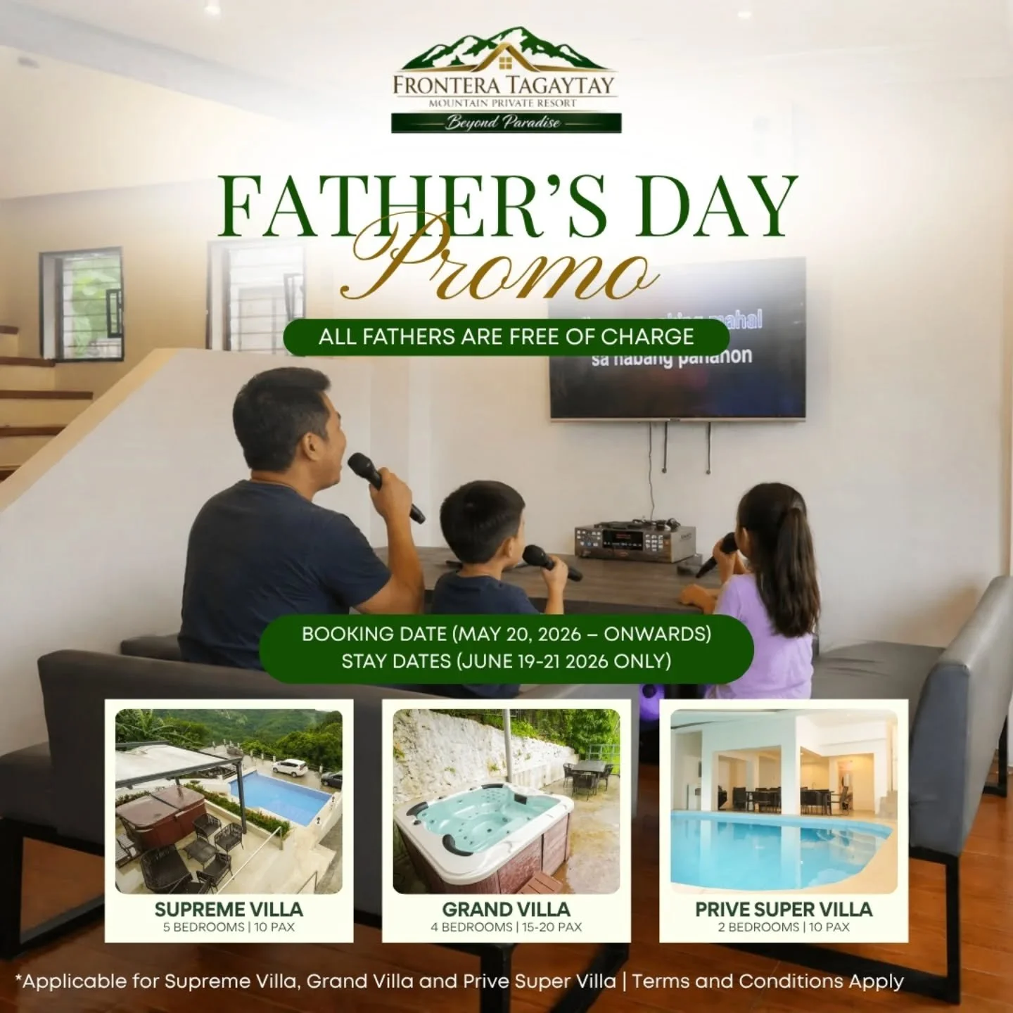 Celebrate Father&rsquo;s Day with a relaxing getaway at Frontera Tagaytay Mountain View Private Resort! 💚

Treat Dad to a well-deserved break surrounded by fresh air, stunning views, and quality time with the family. All fathers stay FREE of charge 