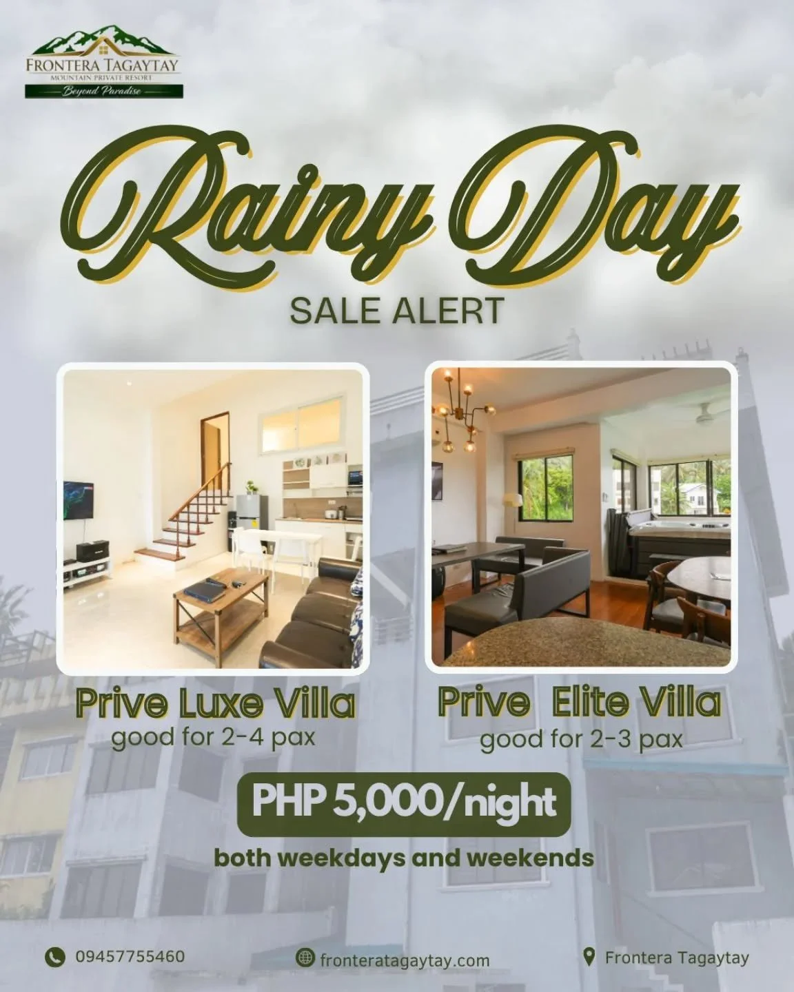 Stay at Prive Elite or Prive Luxe for only ₱5,000/night &mdash; valid on both weekdays and weekends! 💌🤩

Book now and enjoy luxury for less. 
🌐fronteratagaytay.com
📅https://booking.fronteratagaytay.com/4.36/
📞0945 775 5460
📍Waze Pin: Frontera T