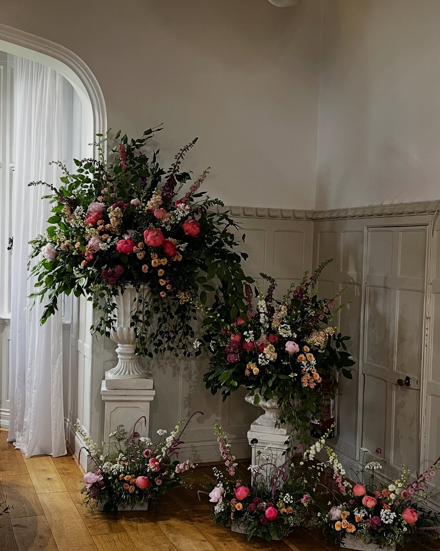 Ceremony set up. 

Setting the vibe with pairs of abundant statement urns at staggered heights paired with lush meadow aisle flowers. 

Two of my favourite arrangements for creating floral impact and so easy to repurpose throughout the day giving you