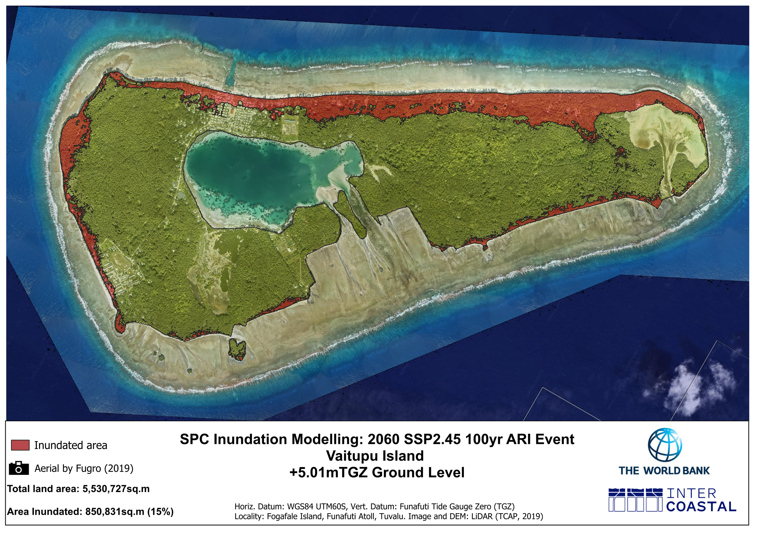 Coastal inundation modelling map of Vaitupu Island, Tuvalu, showing modelled inundation under a future climate scenario.
