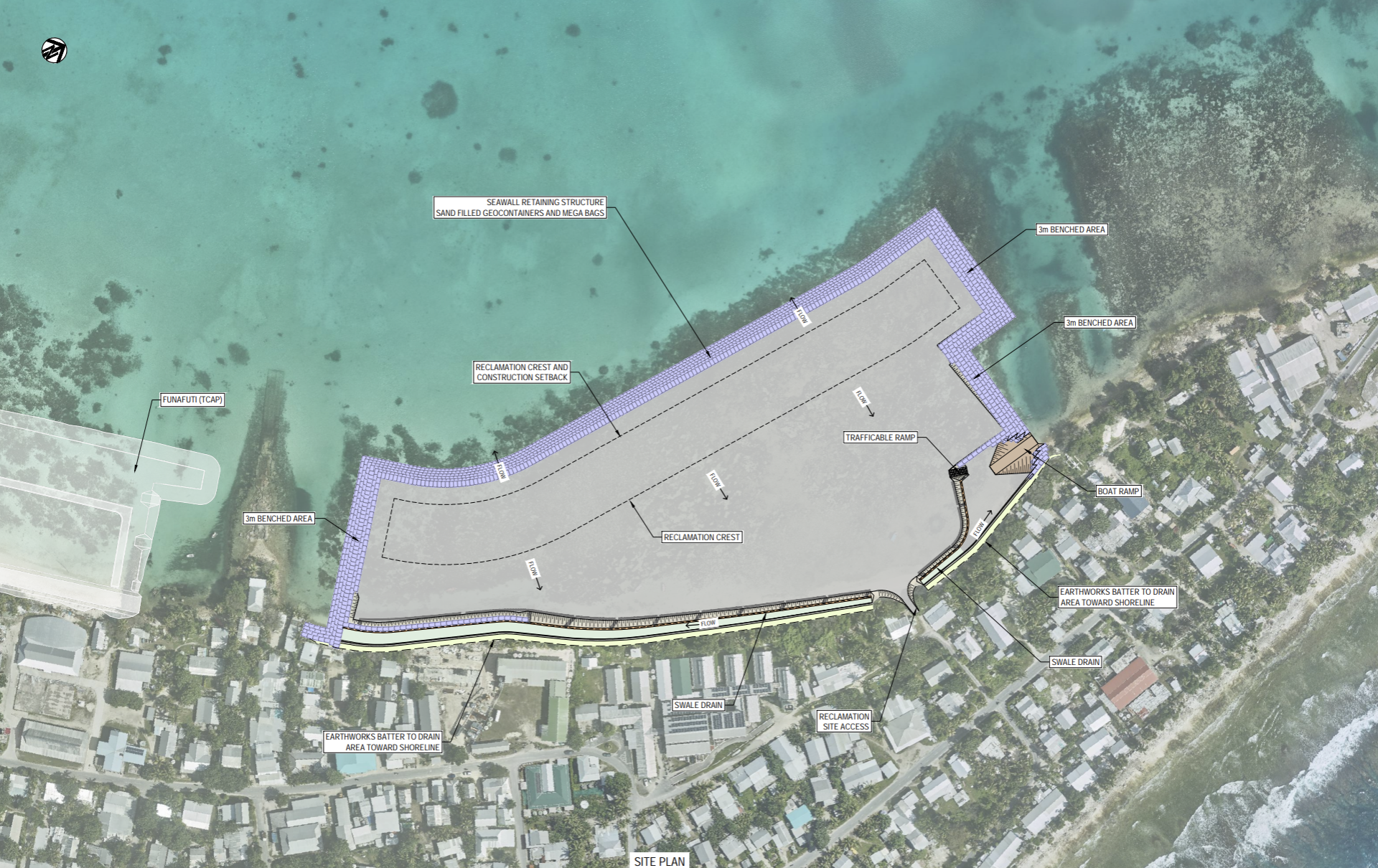 Site plan of the Tuvalu Coastal Adaptation Project Phase 3 reclamation and coastal protection works on Fogafale, Funafuti.