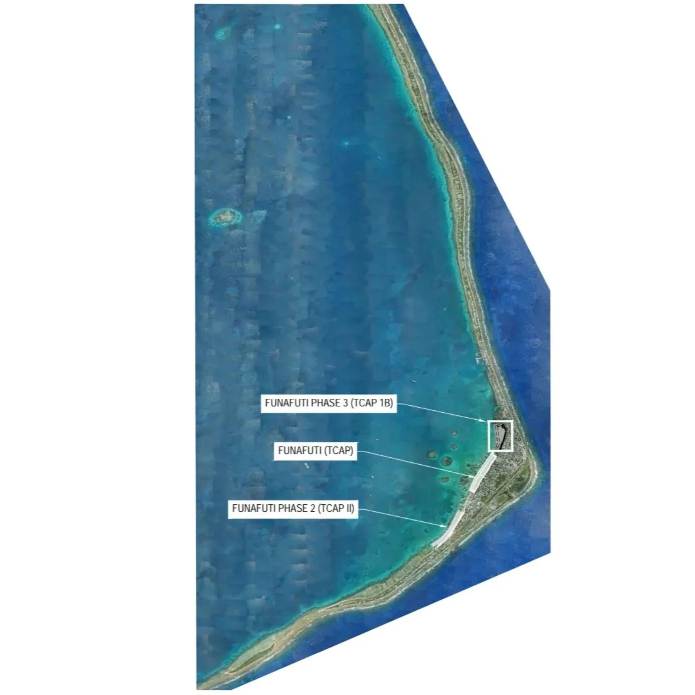 Aerial locality plan showing Tuvalu Coastal Adaptation Project works along Fogafale Island in Funafuti, Tuvalu.