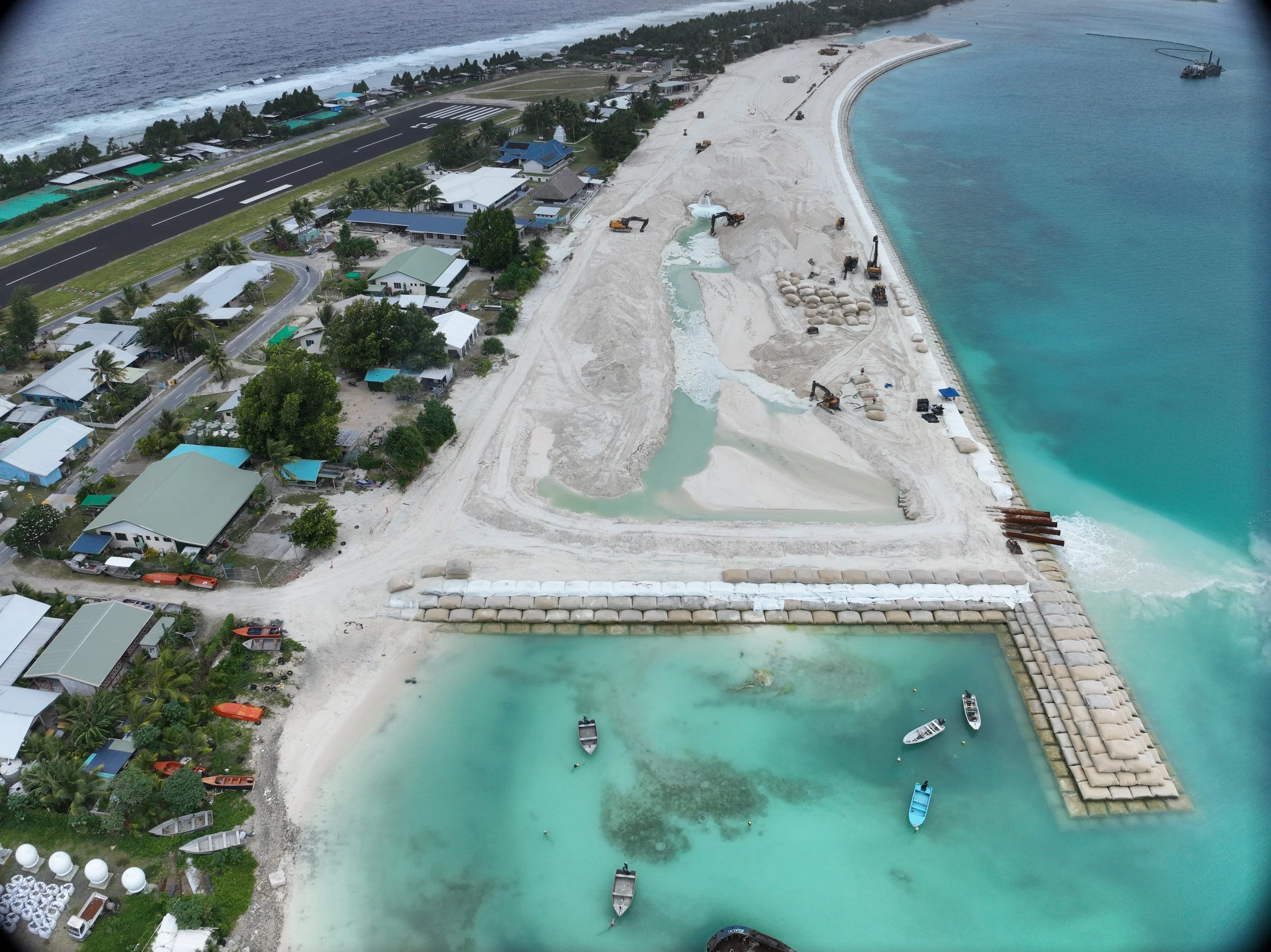 Aerial view of construction underway on the TCAP1A coastal reclamation project in Funafuti, Tuvalu.
