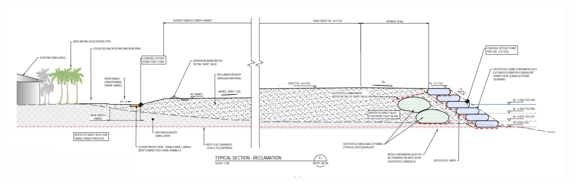 Engineering cross-section of the TCAP1B reclamation design showing geotextile coastal protection structures and raised reclaimed land.