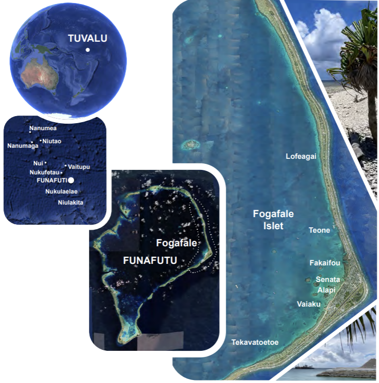 Map showing the location of Tuvalu in the Pacific, Funafuti Atoll and Fogafale islet.