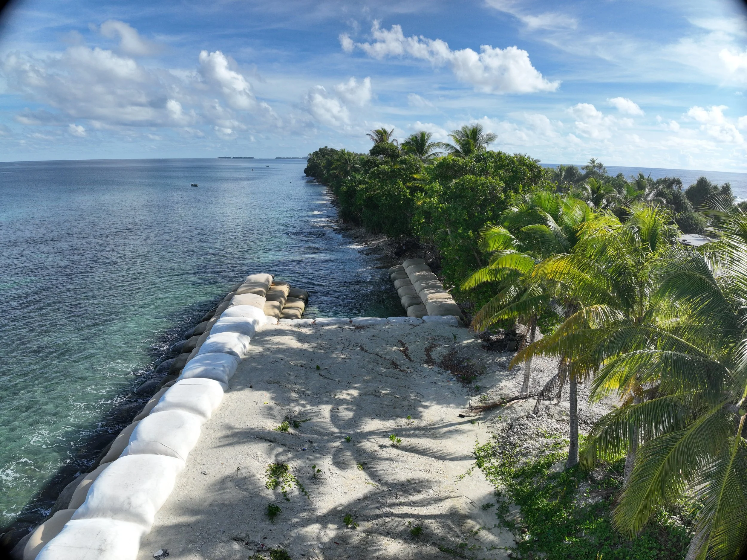 Geotextile coastal protection works beside coastal vegetation on the Akimoa shoreline in Northern Fogafale, Tuvalu.