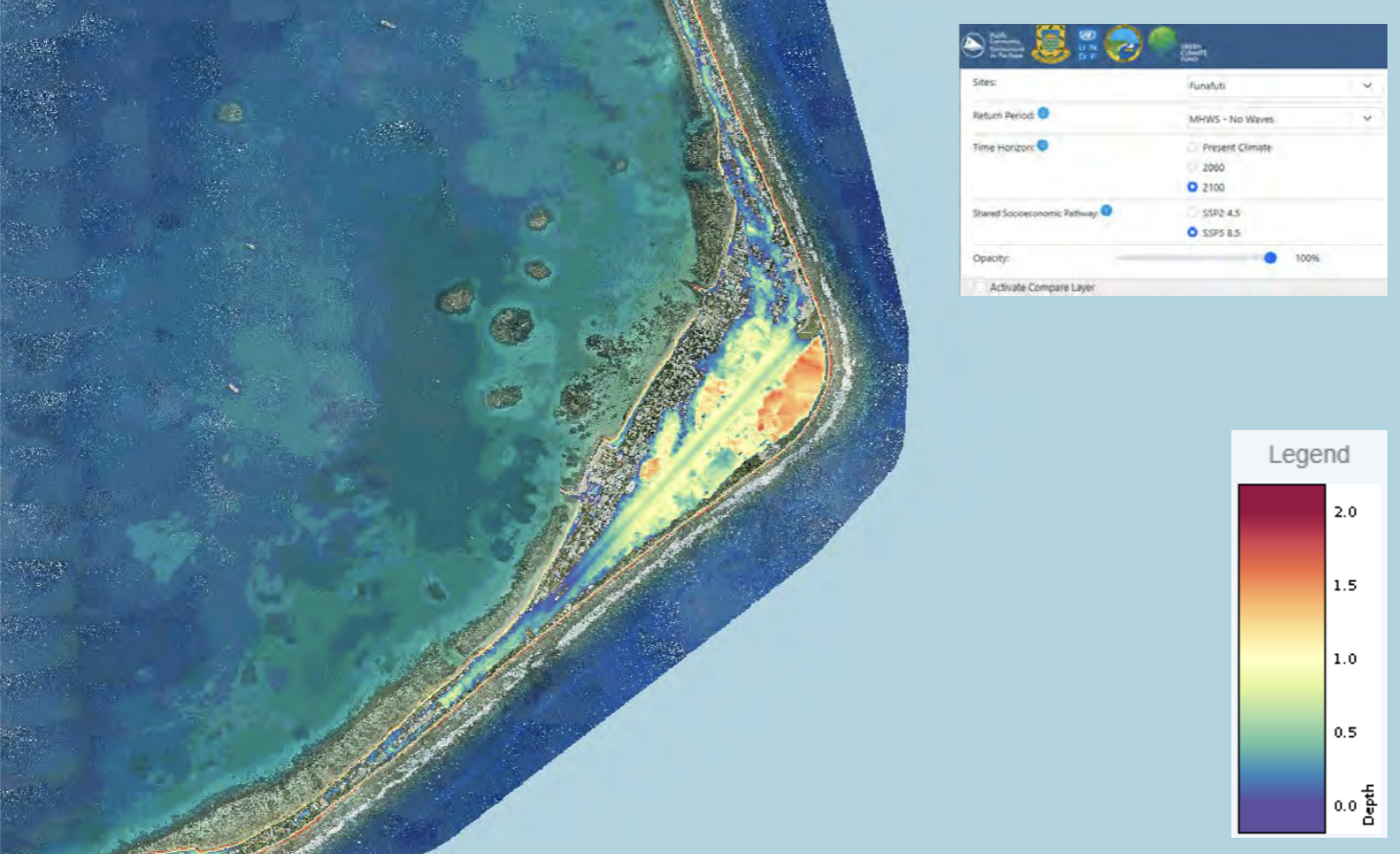 Map of Fogafale, Tuvalu, showing modelled routine high-tide inundation depths under a 2100 sea-level rise scenario.