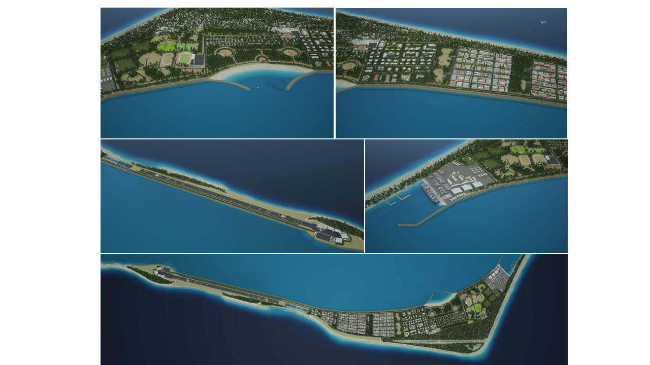 Concept visualisations showing proposed long-term climate adaptation, land development and infrastructure for Funafuti, Tuvalu.