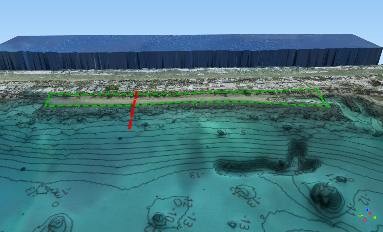 3D coastal engineering visualisation showing a reclamation area along the lagoon shoreline of Fogafale, Tuvalu.
