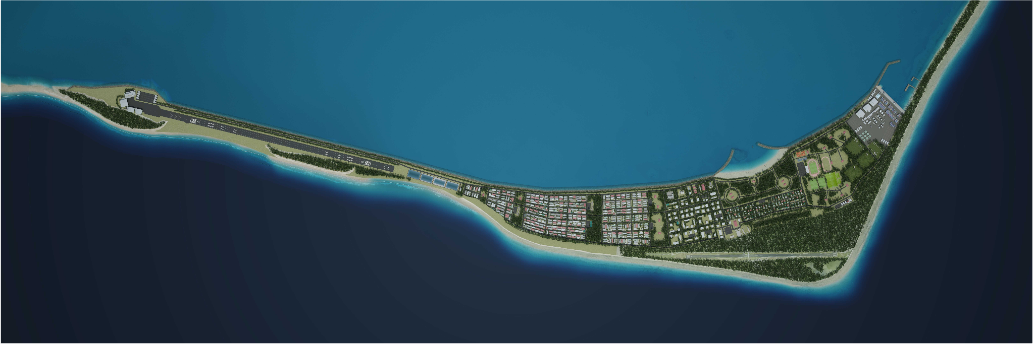 Long-term adaptation masterplan concept showing potential future land, infrastructure and development for Funafuti, Tuvalu.