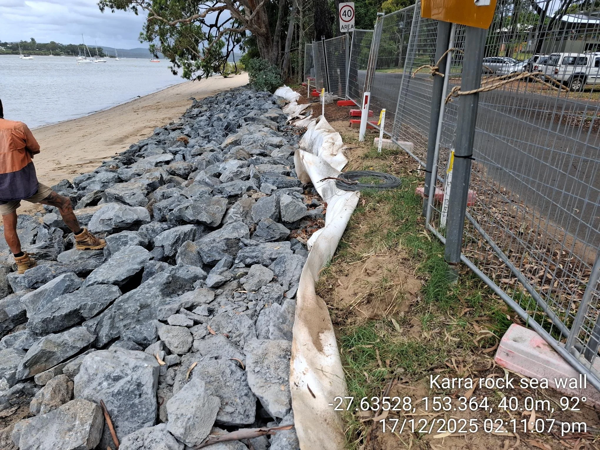 Rock seawall construction along the foreshore at Karragarra Island in Moreton Bay.