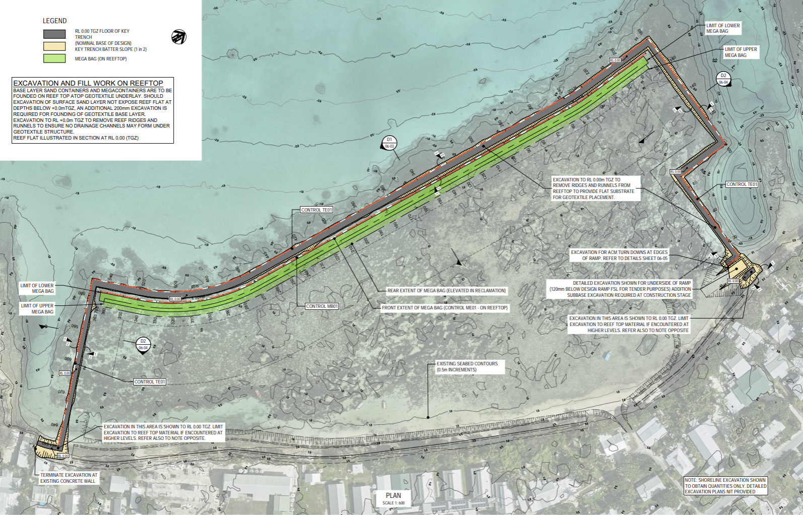 Engineering plan showing the TCAP1B key trench and geotextile mega bag coastal protection works on Fogafale, Funafuti, Tuvalu.
