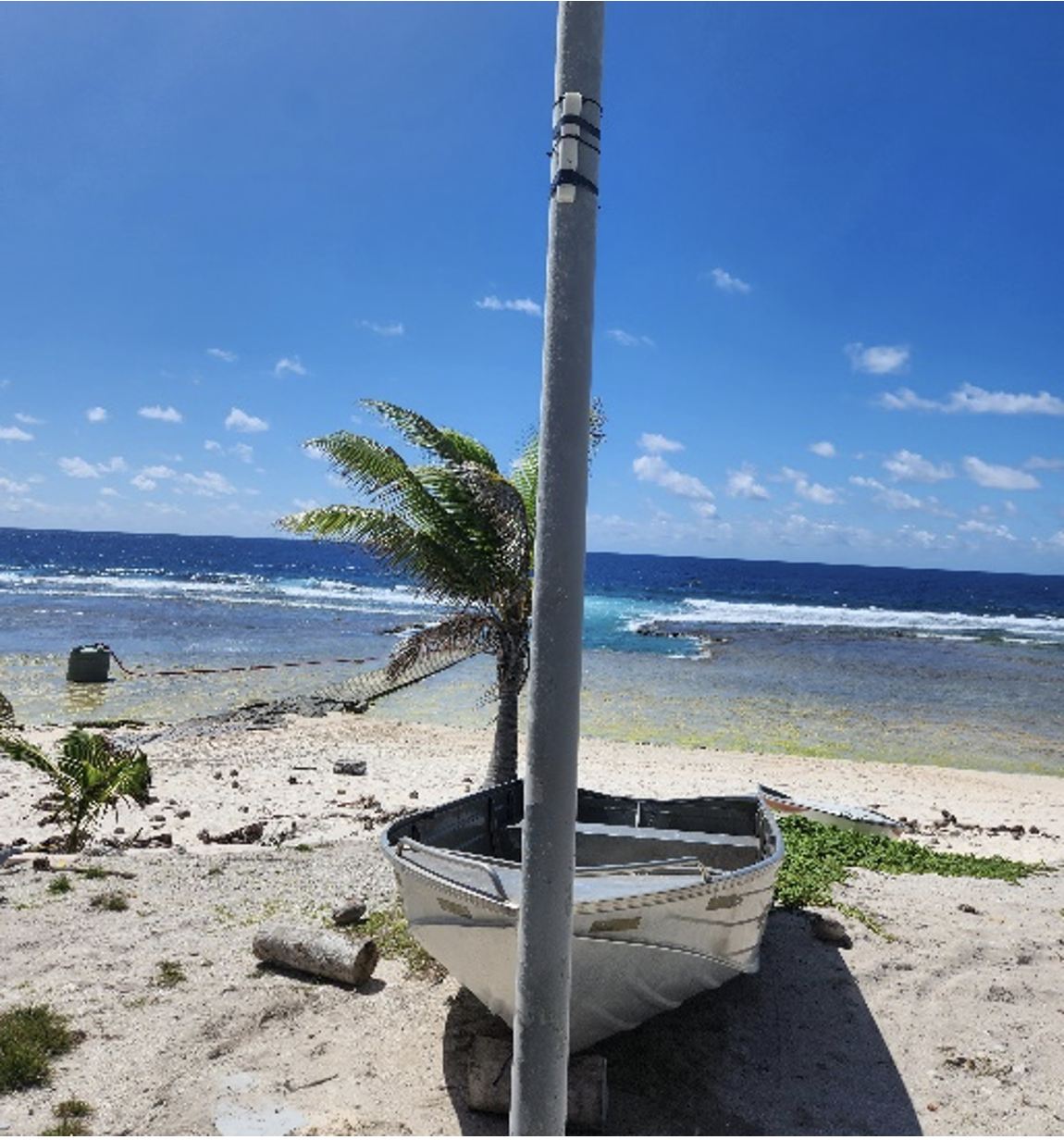 Metocean monitoring equipment installed beside the reef coastline at Niutao, Tuvalu.