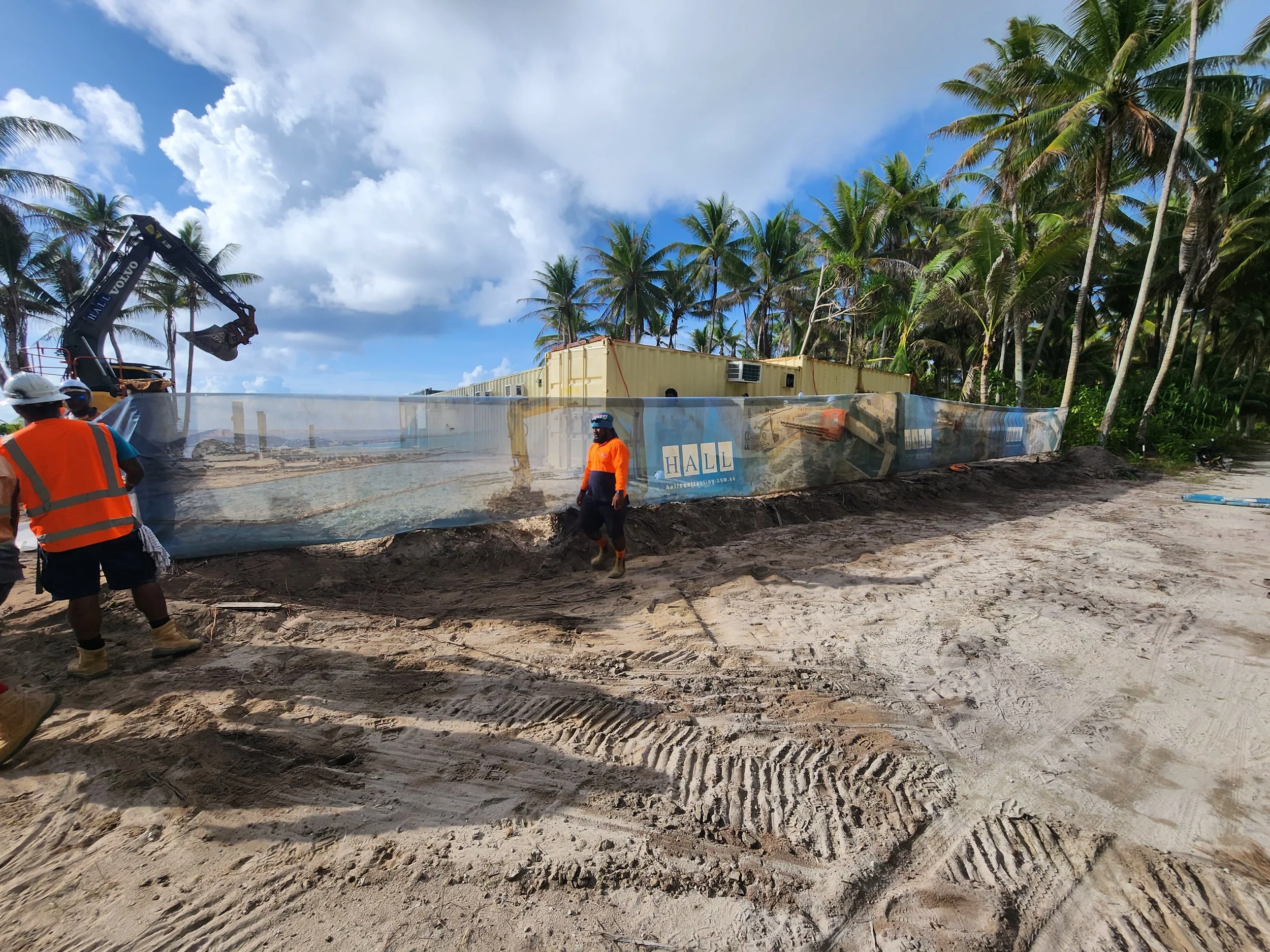 Construction works underway for the Nanumaga coastal protection project in Tuvalu.