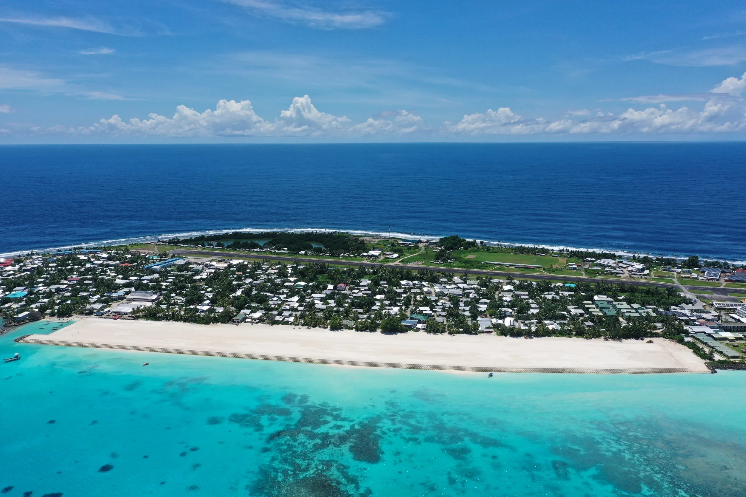 Aerial view of the completed Tuvalu Coastal Adaptation Project reclamation on Fogafale, Funafuti Atoll, Tuvalu.