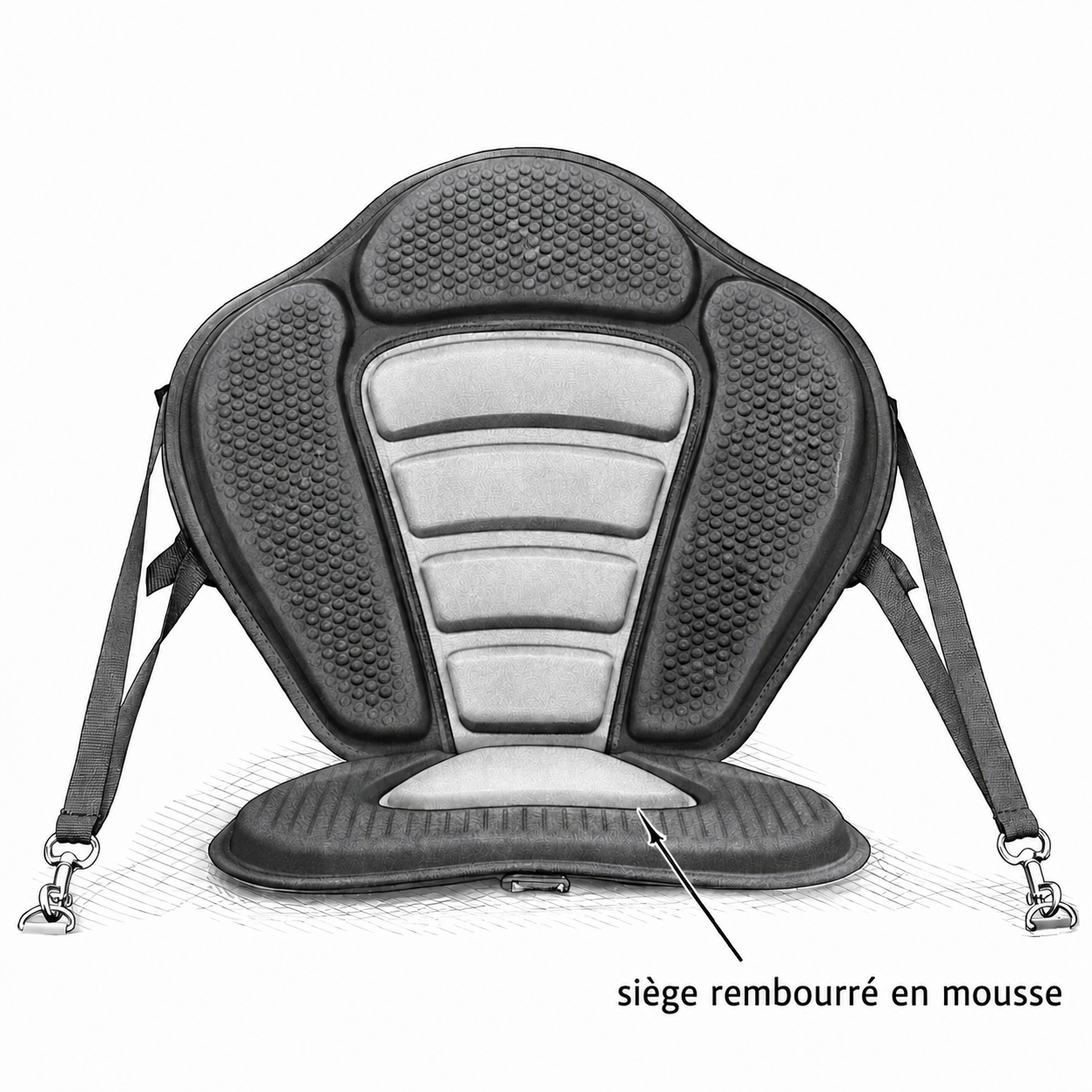 Siège rembourré pour kayak gonflable avec sangles de maintien réglables.